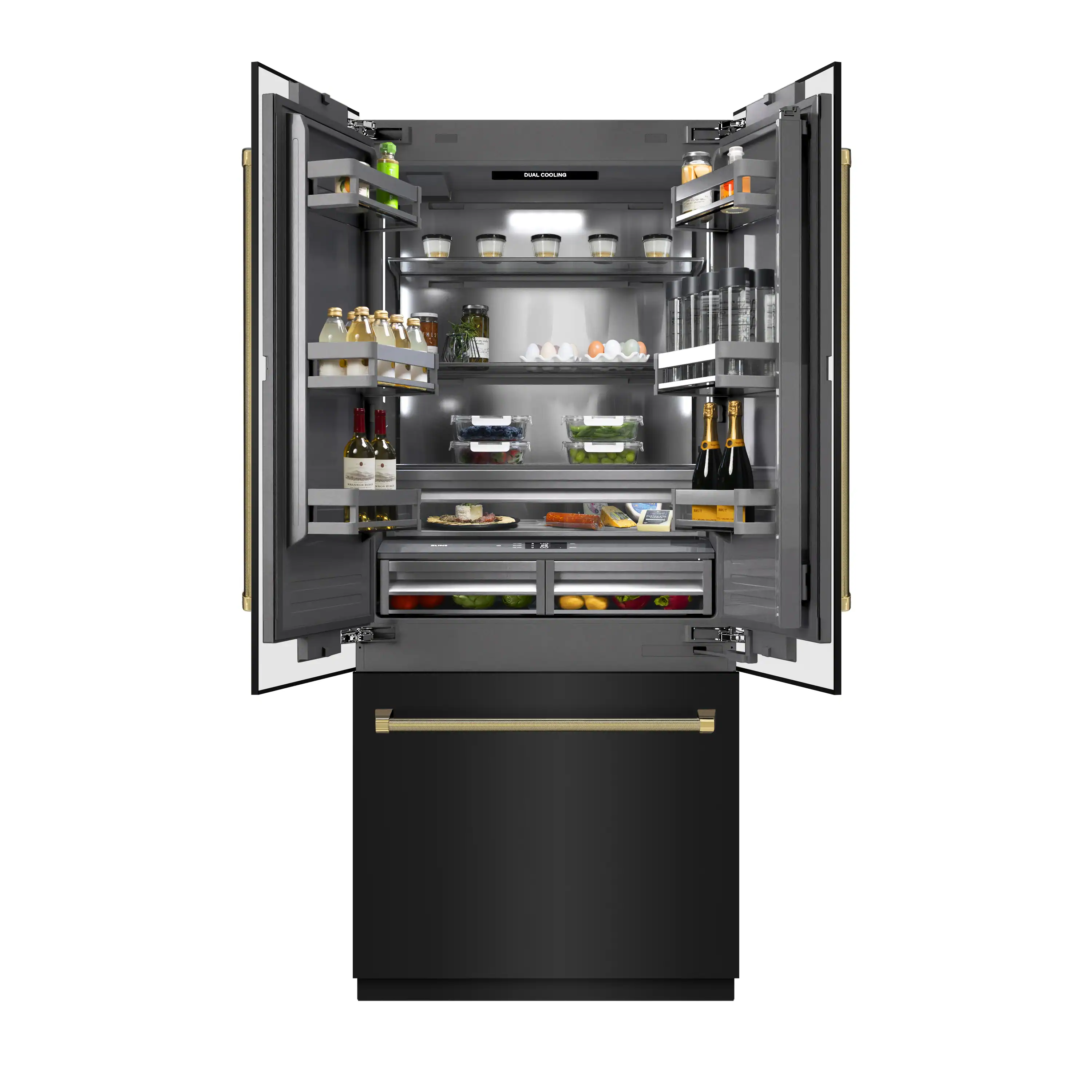 ZLINE Autograph 36-Inch Black Stainless Steel French Door Refrigerator w/ Gray Interior & Gold Helix Handles (GRBIVZ-BS36KG) - Image 4