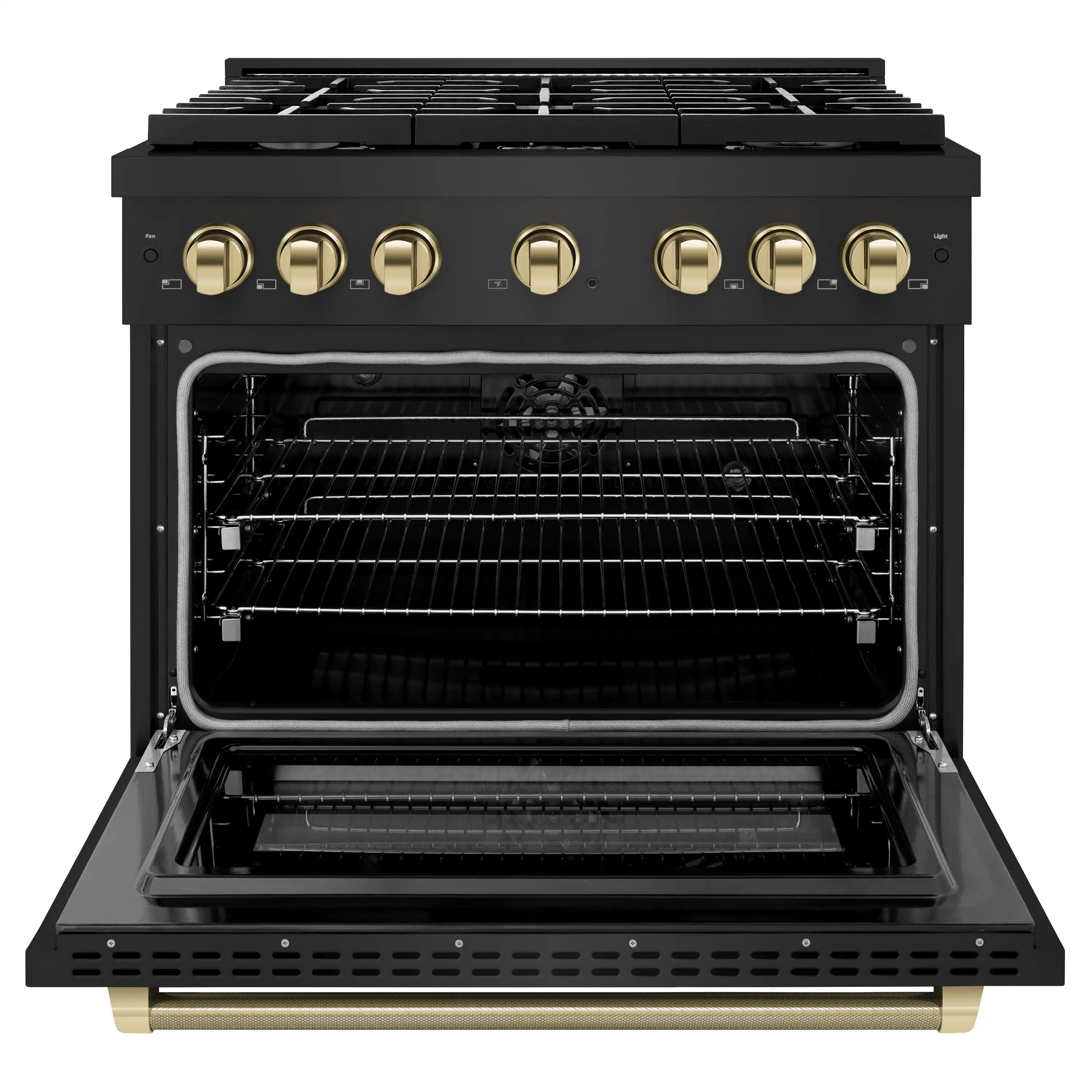 ZLINE Autograph 36-Inch Paramount Dual Fuel Range in Black Stainless Steel and Gold Helix Handle (SDRBZ-36-KG) - Image 4