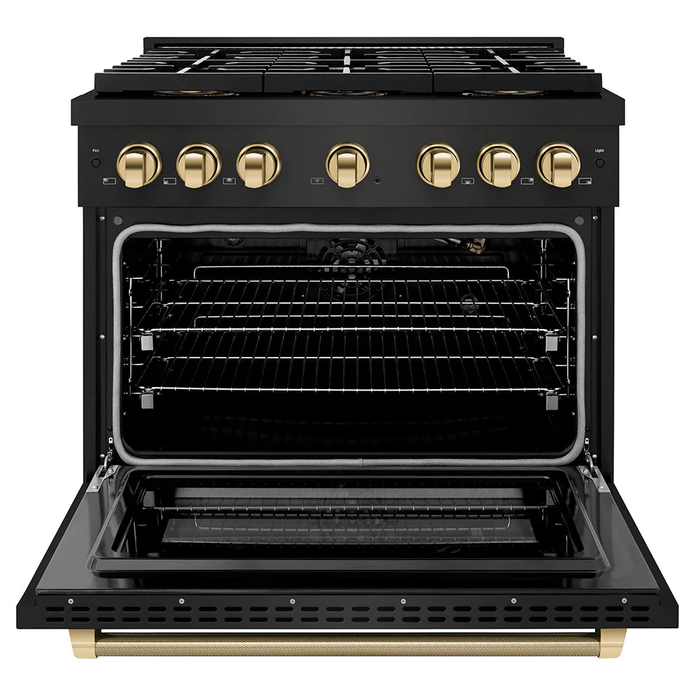 ZLINE Autograph 36-Inch Paramount DuoPro Gas Range in Black Stainless Steel with Polished Gold Helix Handles (PSGRBZ-36-KG) - Image 4