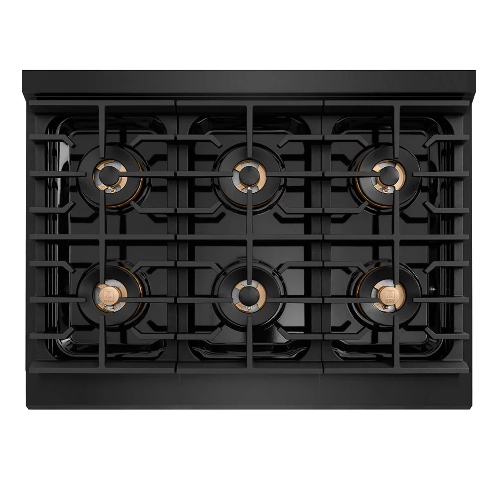 ZLINE Autograph 36-Inch Paramount DuoPro Gas Range in Black Stainless Steel with Polished Gold Helix Handles (PSGRBZ-36-KG) - Image 5