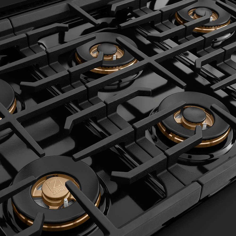 ZLINE Autograph 36-Inch Paramount DuoPro Gas Range in Black Stainless Steel with Polished Gold Helix Handles (PSGRBZ-36-KG) - Image 7