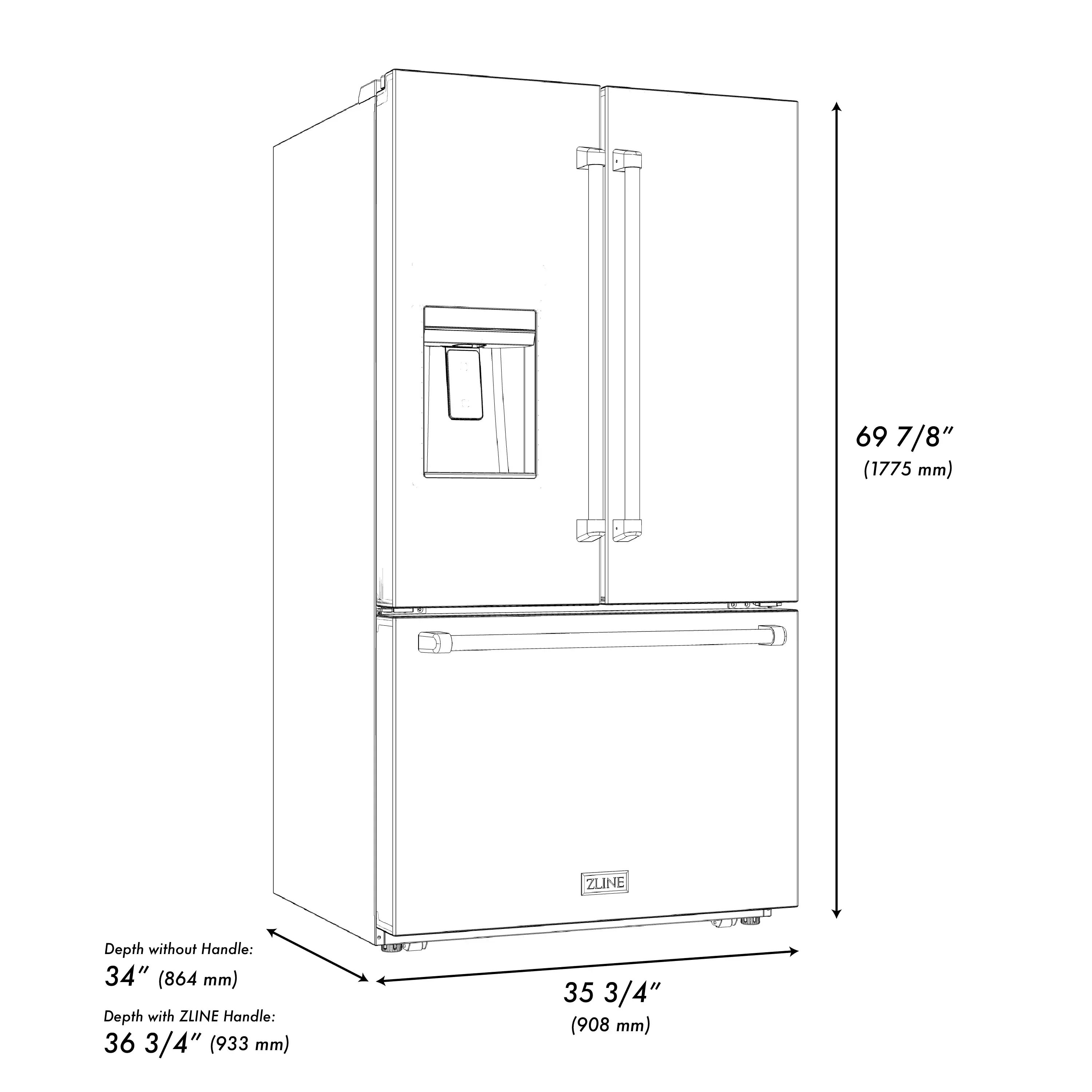ZLINE Autograph 36-Inch Standard-Depth French Door Refrigerator with External Water Dispenser & Dual Ice Maker in Stainless Steel with Nickel Helix Handles (RSMZ-W-36-KPN) - Image 16