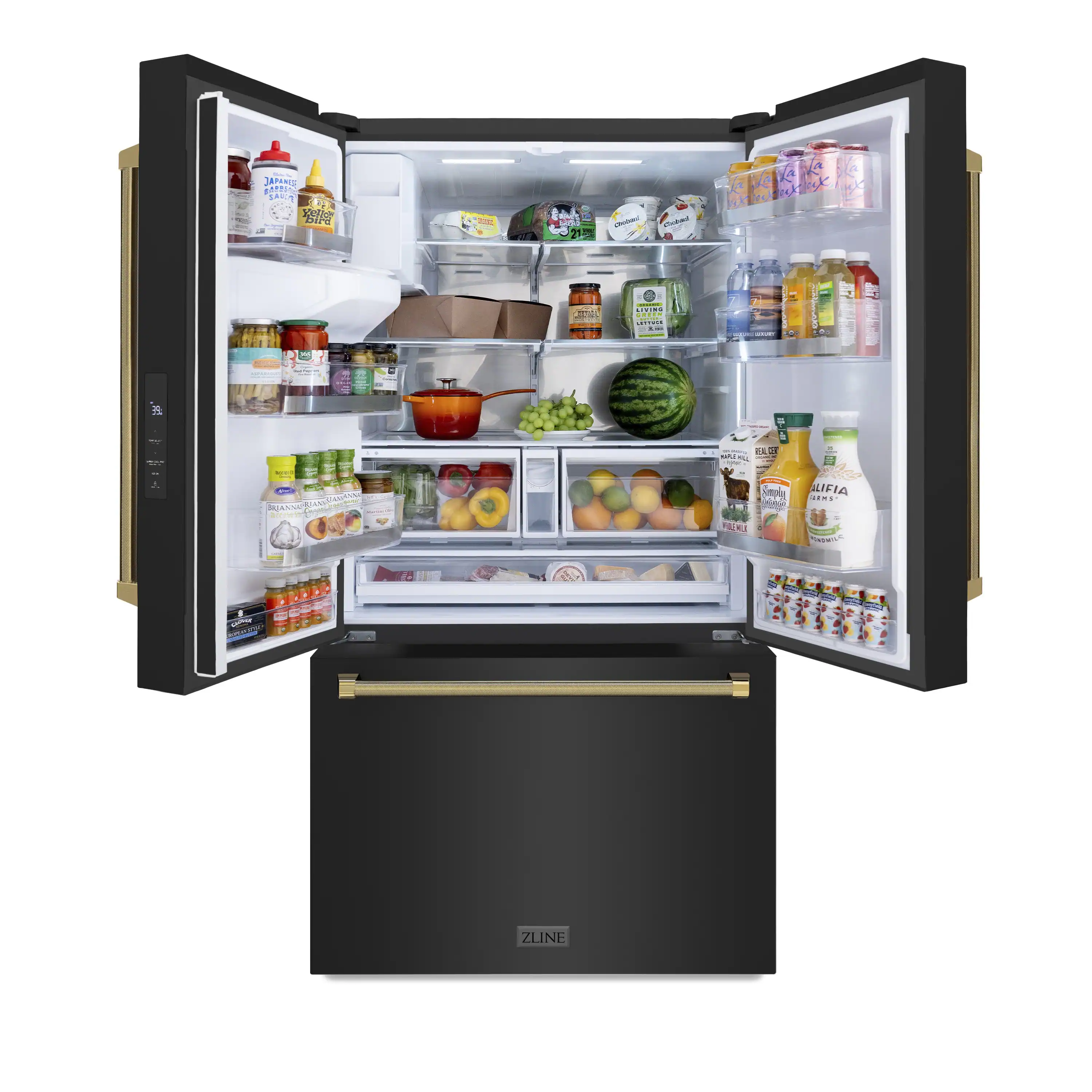 ZLINE Autograph 36-Inch Standard-Depth French Door Refrigerator with External Water Dispenser & Dual Ice Maker in Black Stainless Steel with Gold Helix Handles (RSMZ-W-36-BS-KG) - Image 5