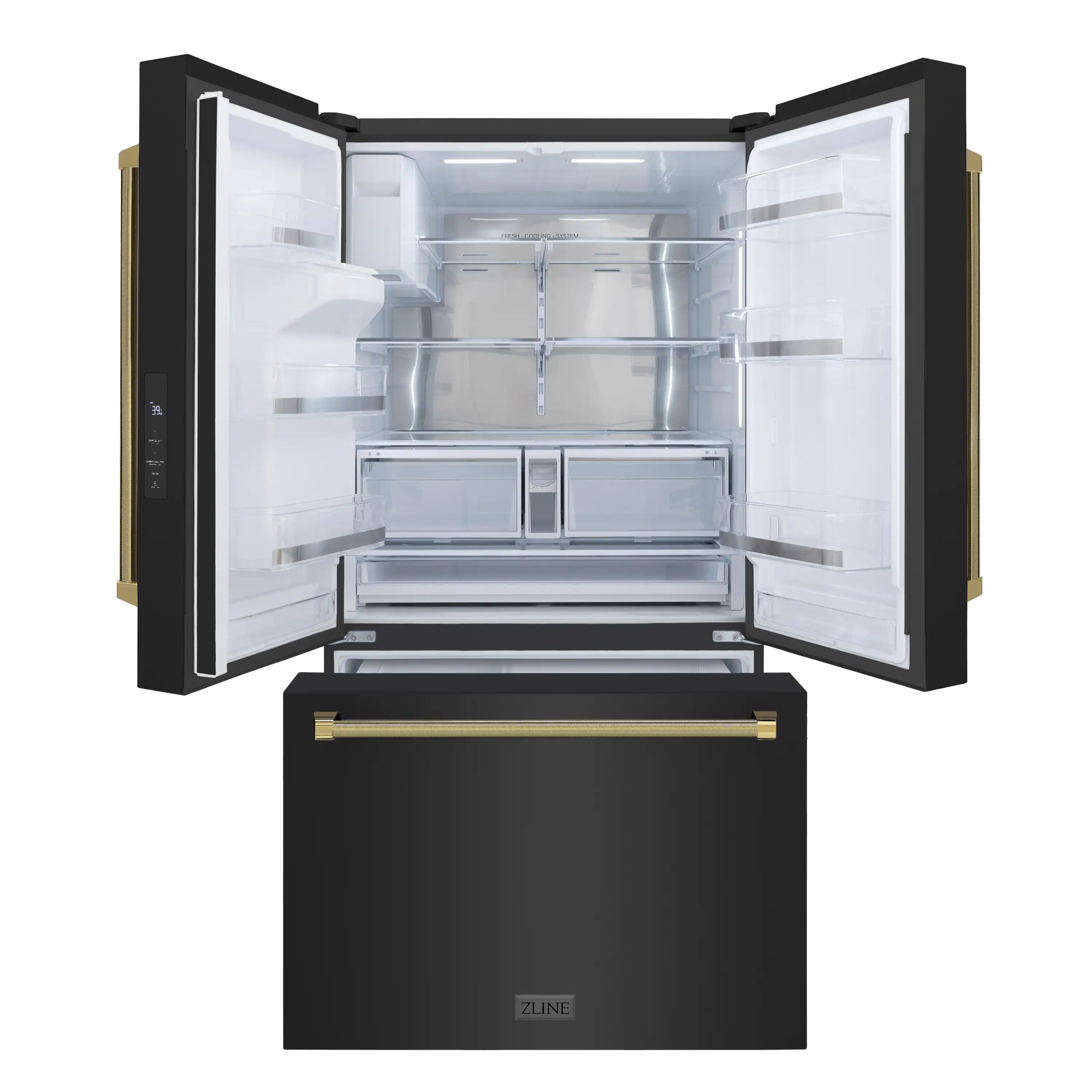 ZLINE Autograph 36-Inch Standard-Depth French Door Refrigerator with External Water Dispenser & Dual Ice Maker in Black Stainless Steel with Gold Helix Handles (RSMZ-W-36-BS-KG) - Image 7