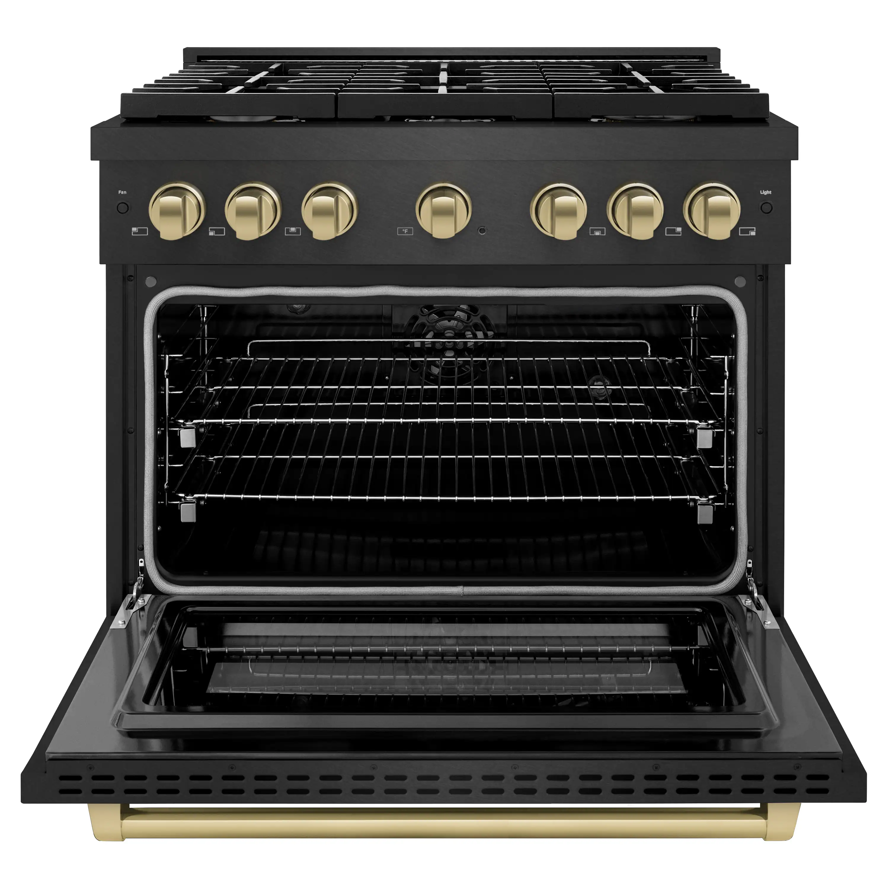 ZLINE Autograph 36-Inch 5.2 Cu. Ft. Paramount Dual Fuel Range with 6 Burner Gas Cooktop in Black Satin with Champagne Accents (SDRBSZ-36-CB) - Image 3