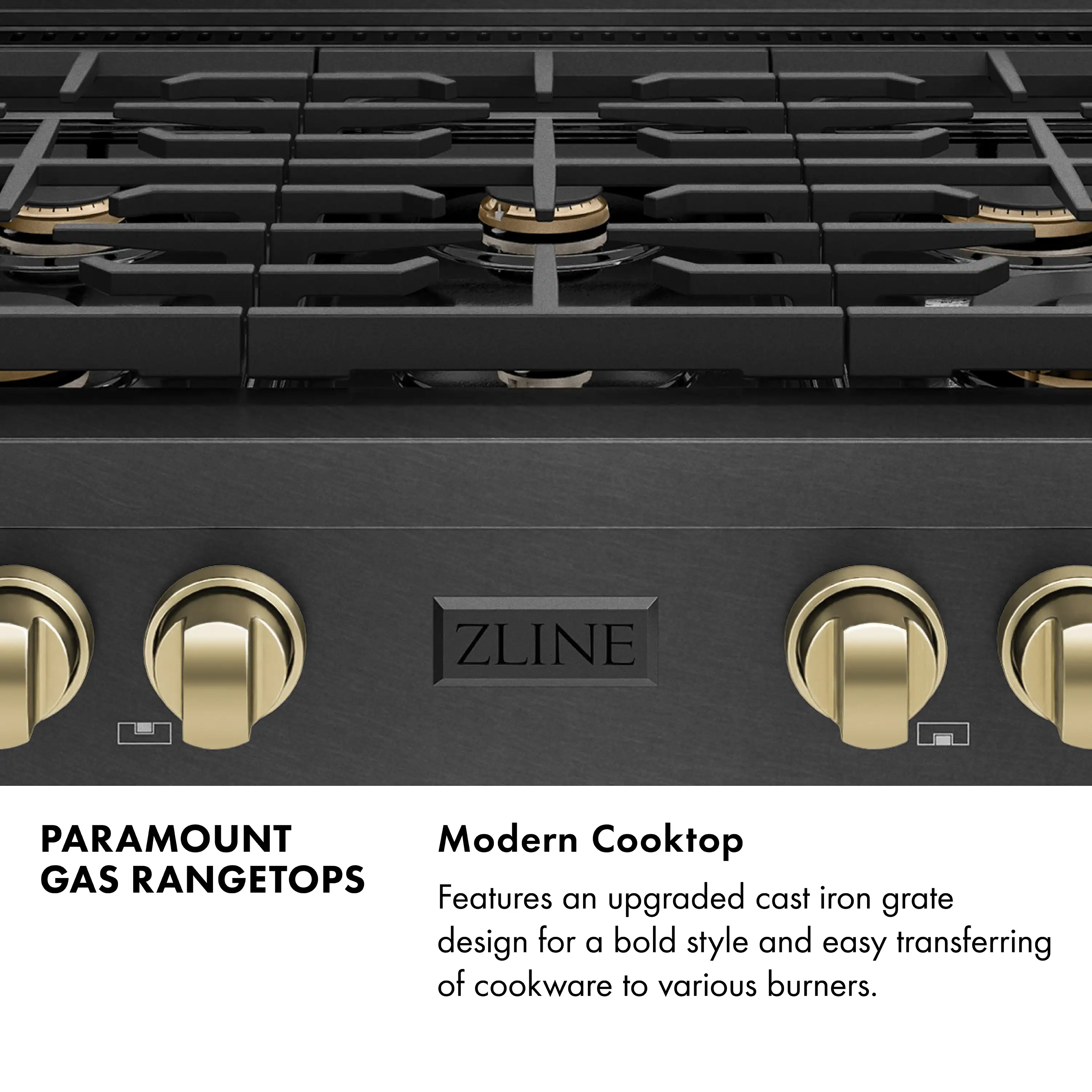 ZLINE Autograph 36-Inch Paramount Gas Rangetop with 6 Burners and Porcelain Cooktop in Black Satin with Champagne Accents (SRTBSZ-36-CB) - Image 6