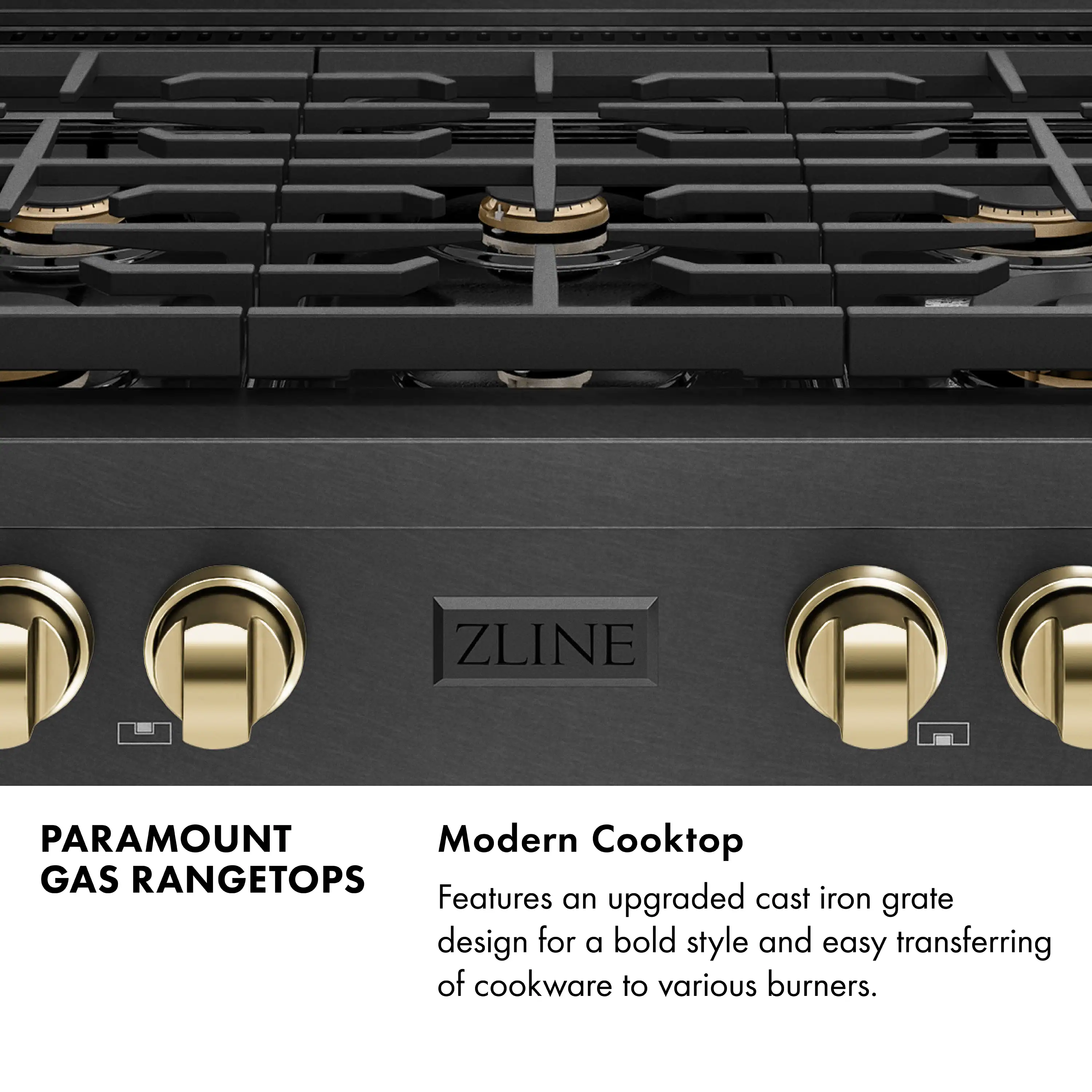 ZLINE Autograph 36-Inch Paramount Gas Rangetop with 6 Burners and Porcelain Cooktop in Black Satin with Polished Gold Accents (SRTBSZ-36-G) - Image 6