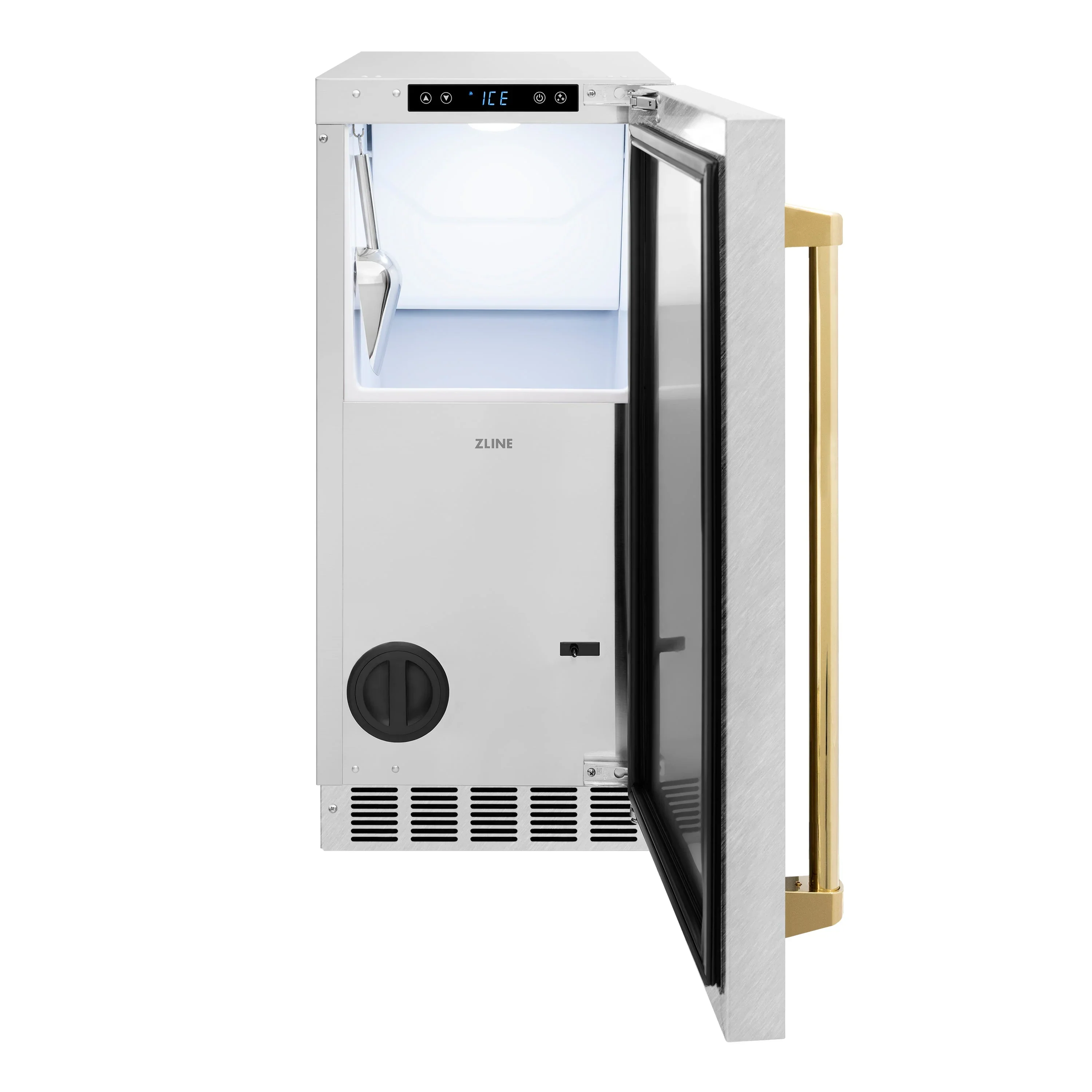 ZLINE Autograph Edition 15-Inch Touchstone Clear Cube Ice Maker with Drain Pump in Satin Stainless Steel and Gold Handle (ICCDZ-SN-15-G) - Image 3