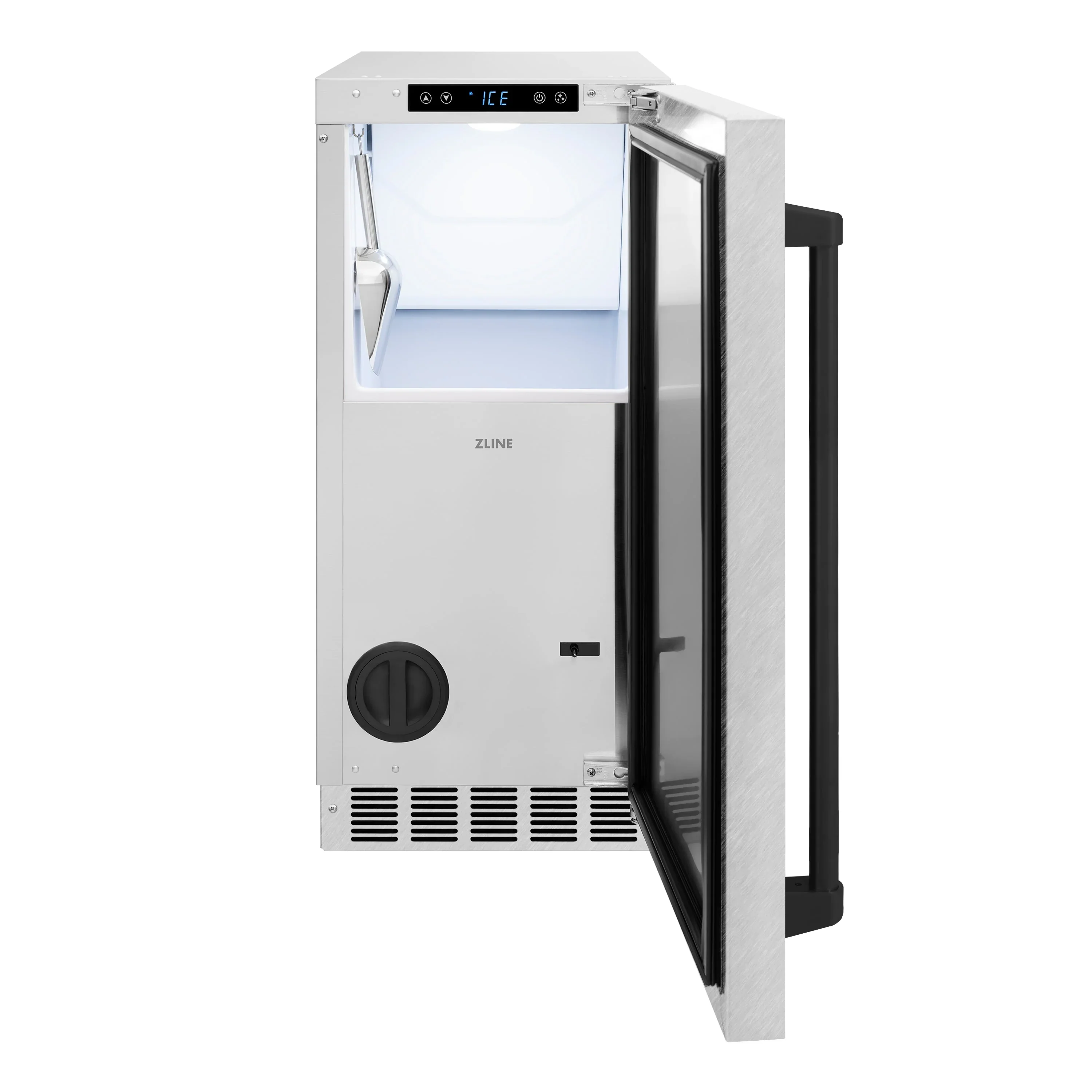 ZLINE Autograph Edition 15-Inch Touchstone Clear Cube Ice Maker with Drain Pump in Satin Stainless Steel and Matte Black Handle (ICCDZ-SN-15-MB) - Image 3