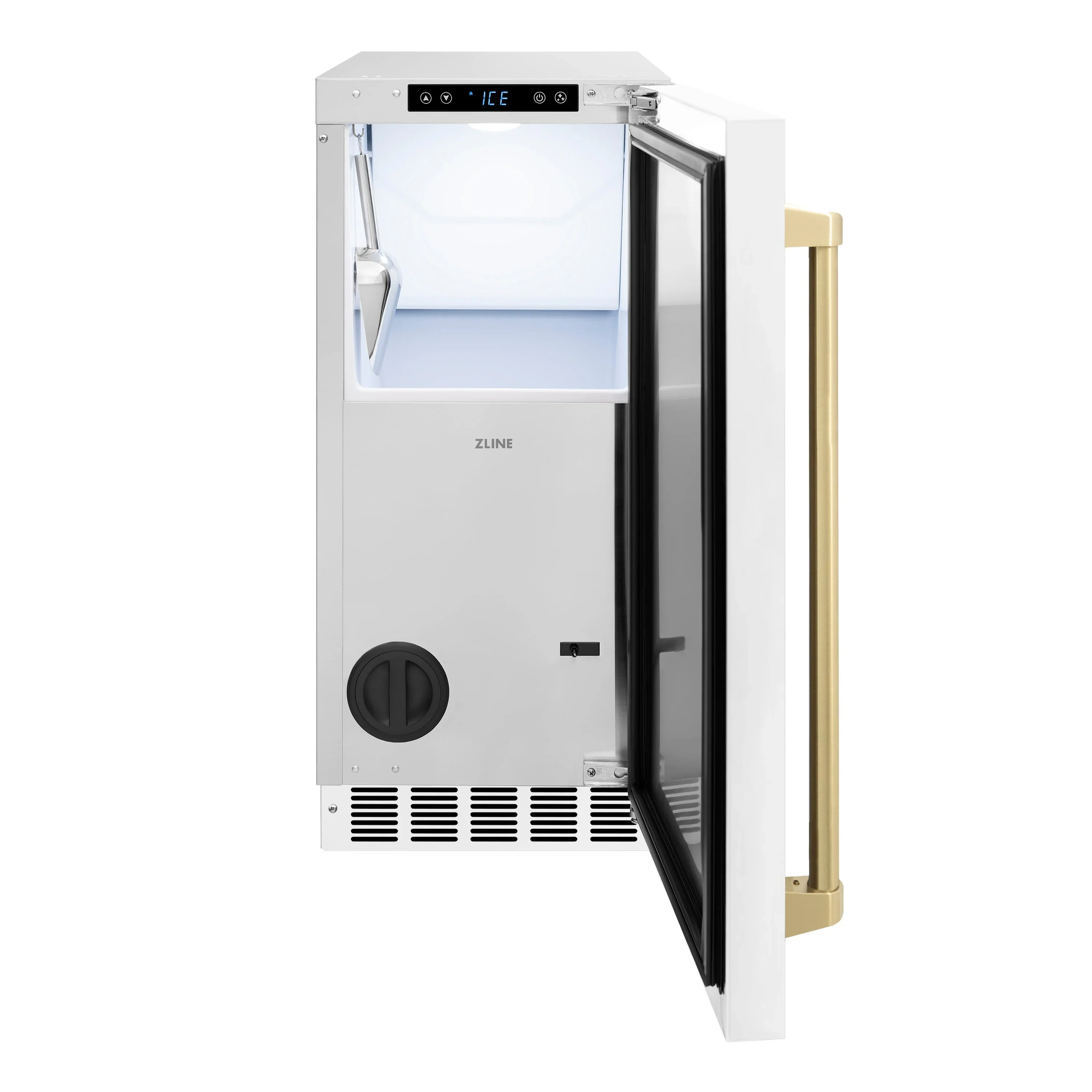 ZLINE Autograph Edition 15-Inch Touchstone Clear Cube Ice Maker with Drain Pump in White Matte and Champagne Bronze Handle (ICCDZ-WM-15-CB) - Image 3