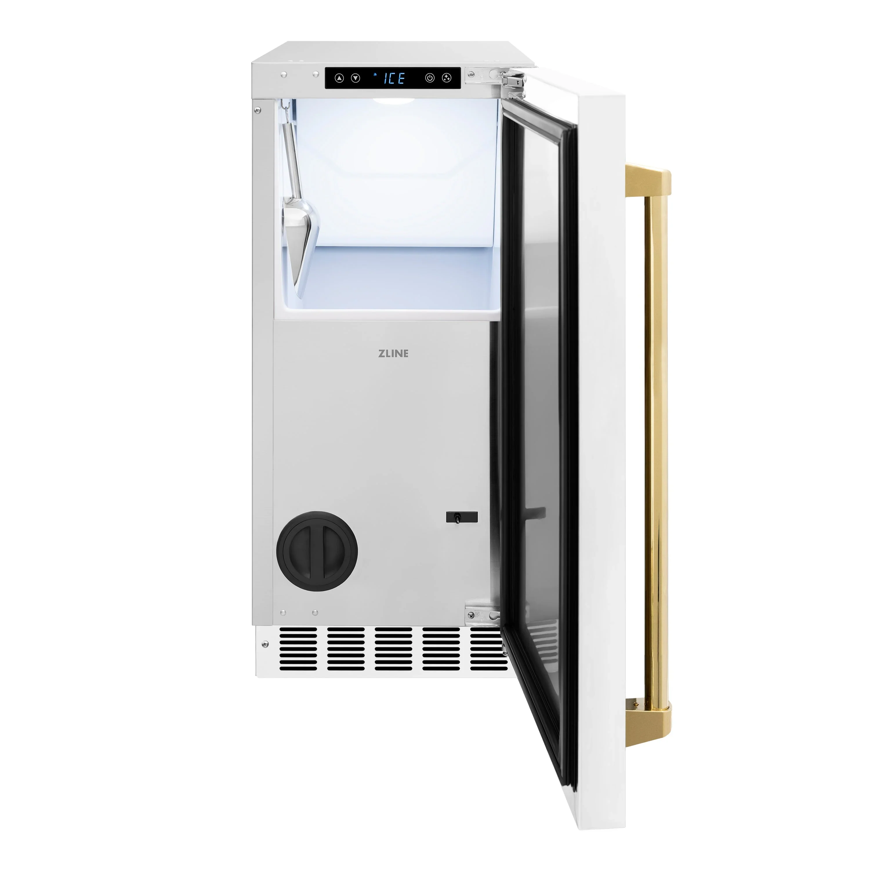ZLINE Autograph Edition 15-Inch Touchstone Clear Cube Ice Maker with Drain Pump in White Matte and Gold Handle (ICCDZ-WM-15-G) - Image 3