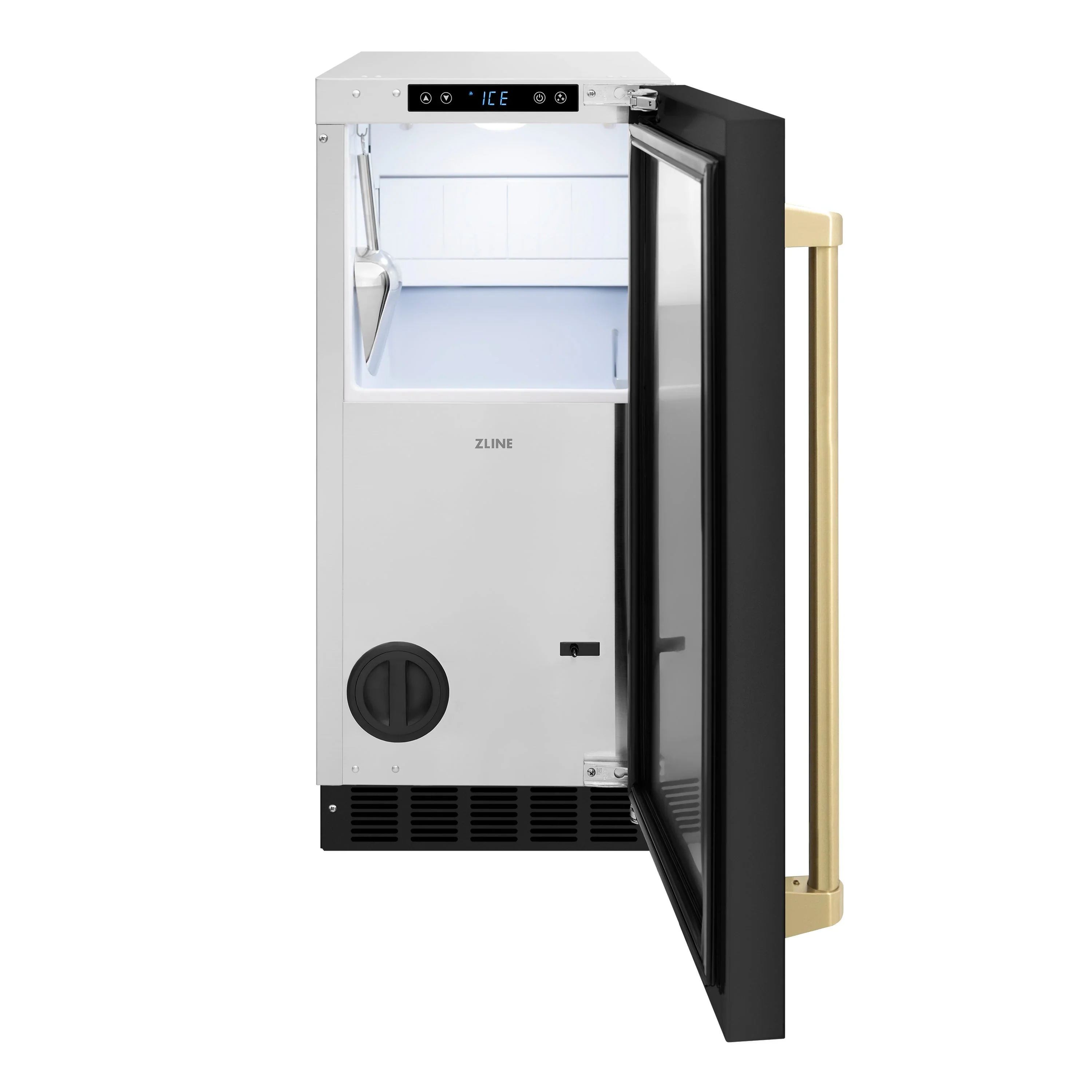 ZLINE Autograph Edition 15-Inch Touchstone Gourmet Ice Maker with Drain Pump in Black Stainless Steel and Champagne Bronze Handle (IGMDZ-BS-15-CB) - Image 4