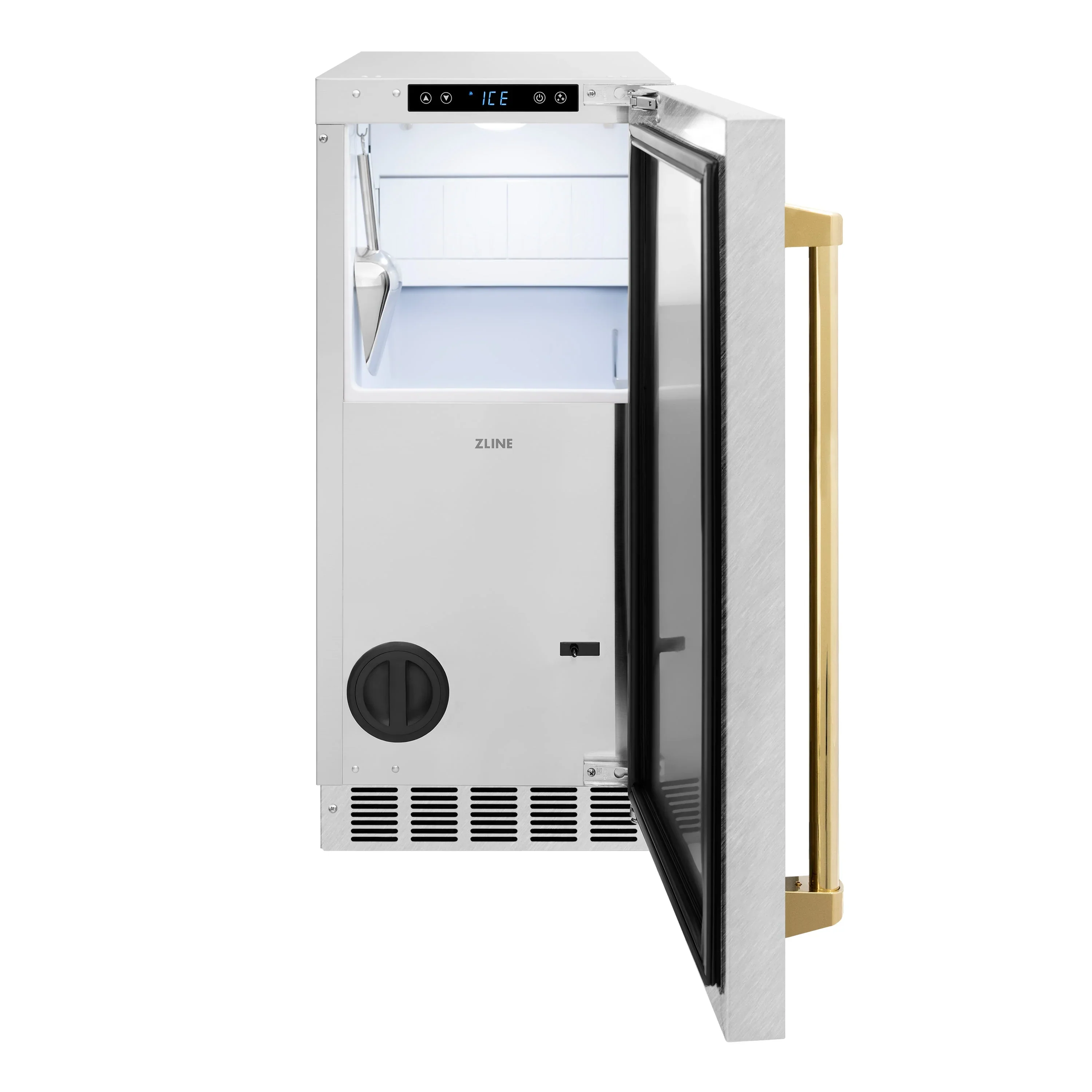 ZLINE Autograph Edition 15-Inch Touchstone Gourmet Ice Maker with Drain Pump in Satin Stainless Steel and Gold Handle (IGMDZ-SN-15-G) - Image 4