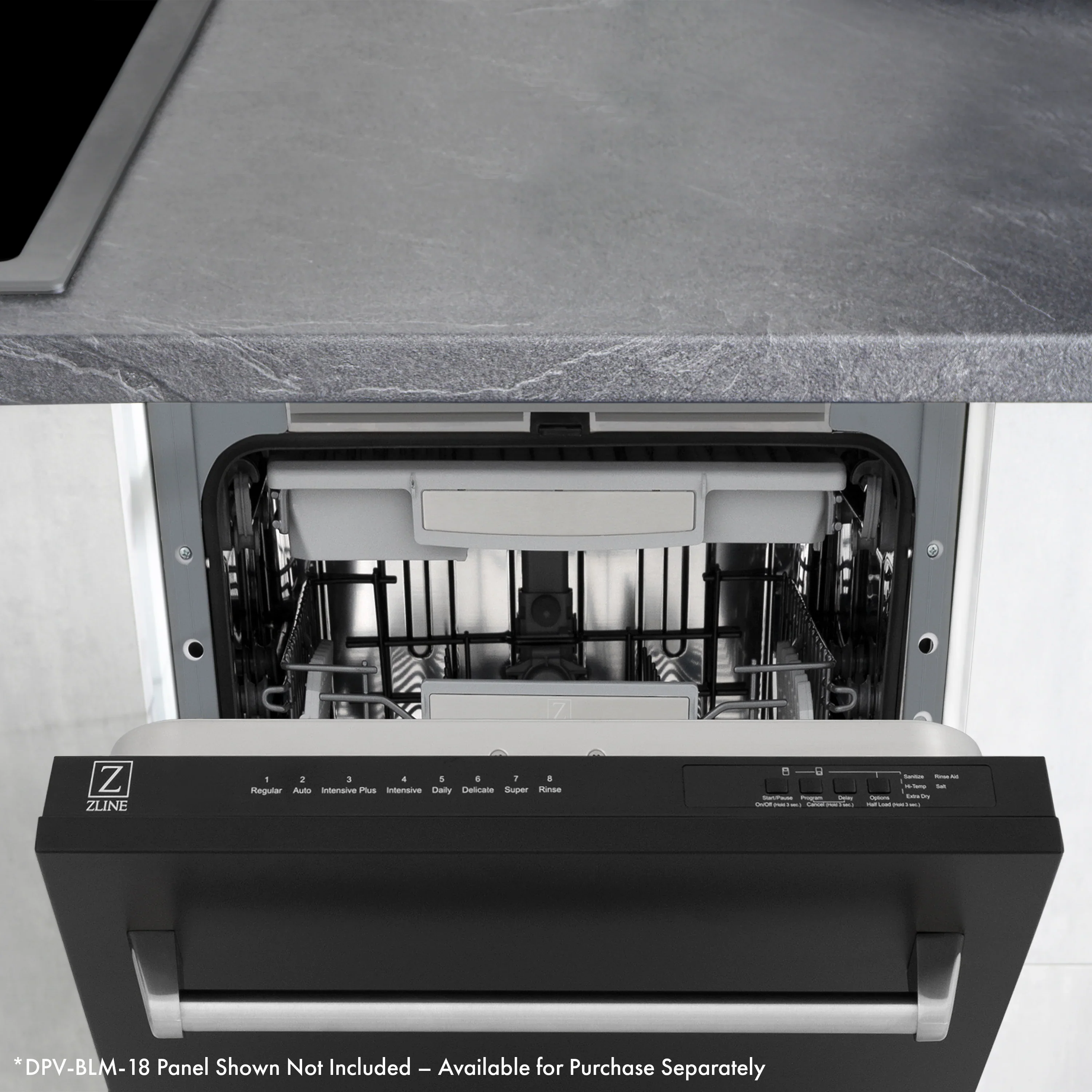 ZLINE Autograph Edition 18-Inch Tallac Series 3rd Rack Top Control Dishwasher in Custom Panel Ready with Matte Black Handle (DWVZ-18-MB) - Image 11