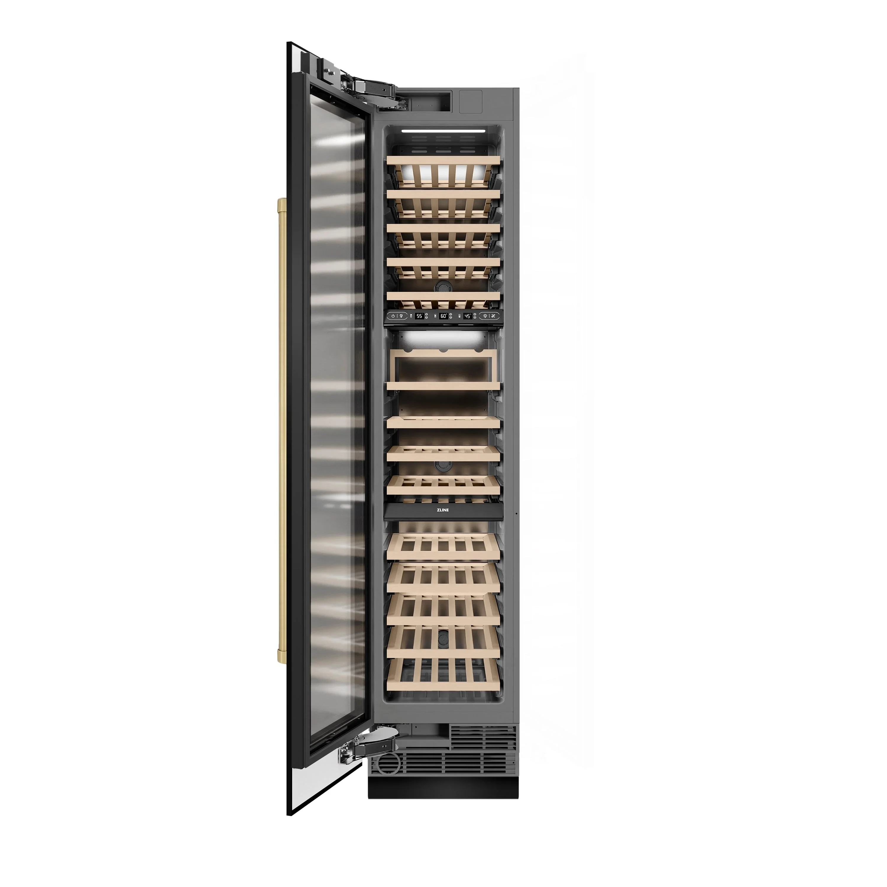 ZLINE Autograph Edition 18-Inch 9.0 Cu. Ft. Triple Zone 68 Bottle Left Hinge Column Wine Cooler in Black Stainless Steel with Champagne Bronze Accents (RCWVLZ-BS-18-CB) - Image 3