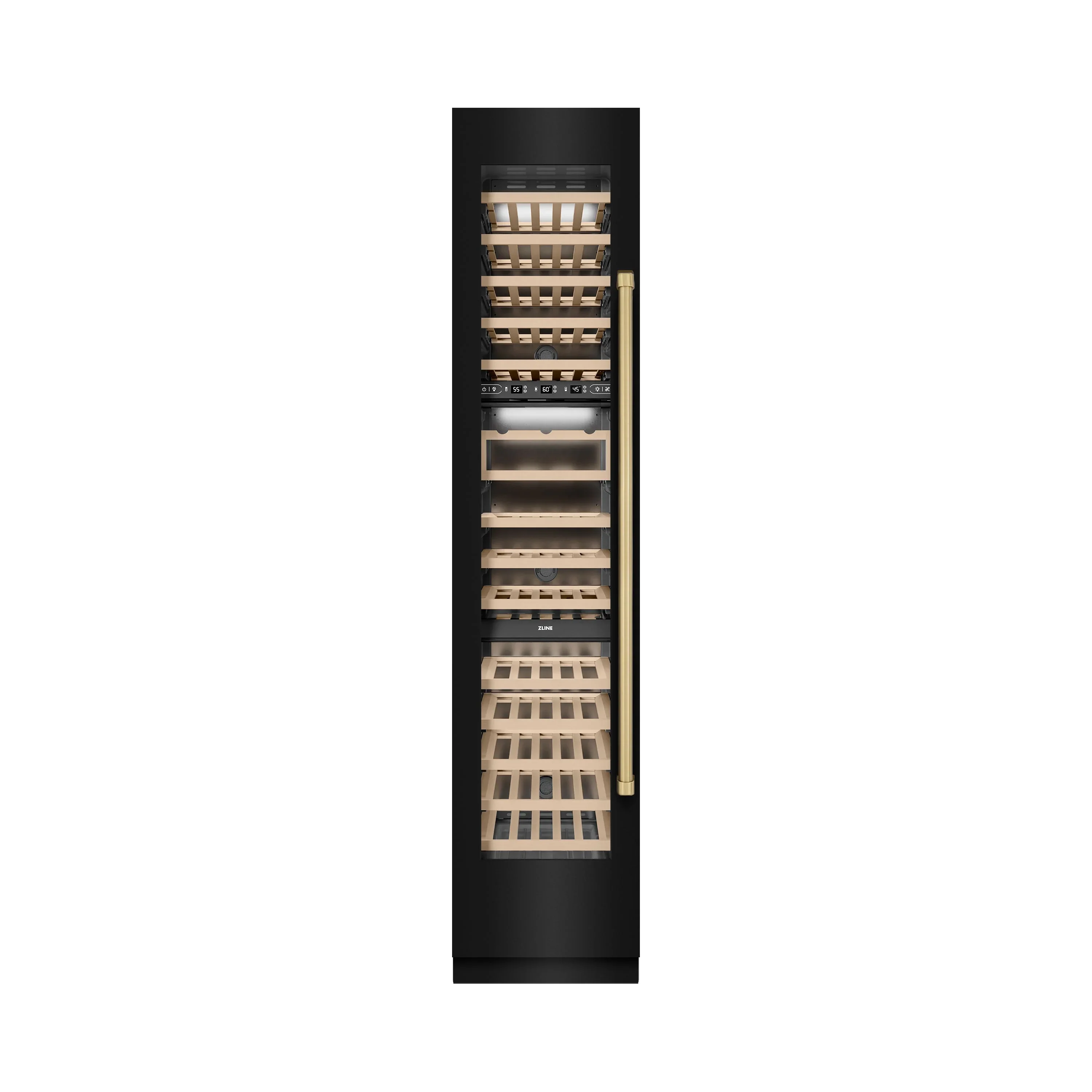 ZLINE Autograph Edition 18-Inch 9.0 Cu. Ft. Triple Zone 68 Bottle Left Hinge Column Wine Cooler in Black Stainless Steel with Champagne Bronze Accents (RCWVLZ-BS-18-CB) - Image 5