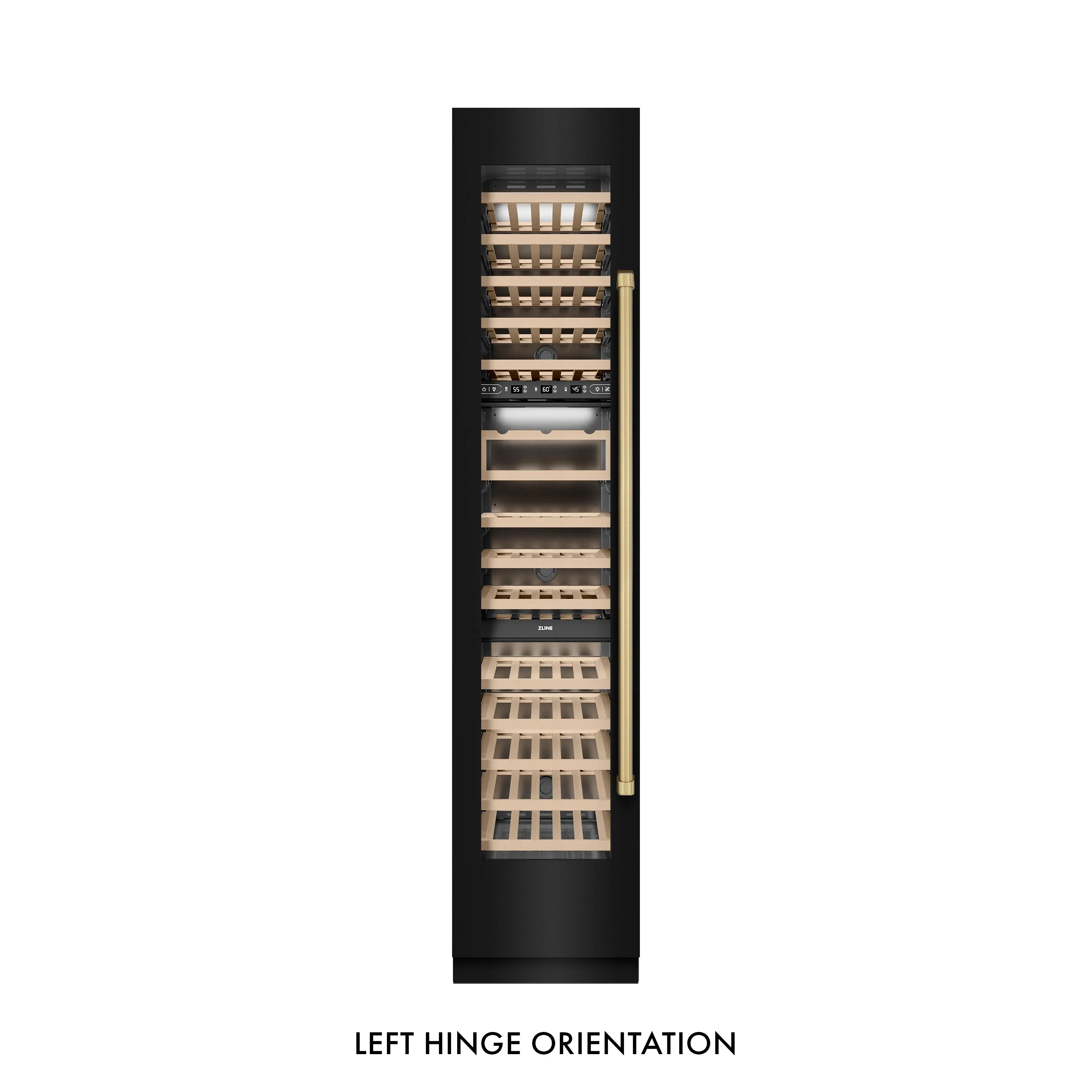ZLINE Autograph Edition 18-Inch 9.0 Cu. Ft. Triple Zone 68 Bottle Left Hinge Column Wine Cooler in Black Stainless Steel with Champagne Bronze Accents (RCWVLZ-BS-18-CB) - Image 6
