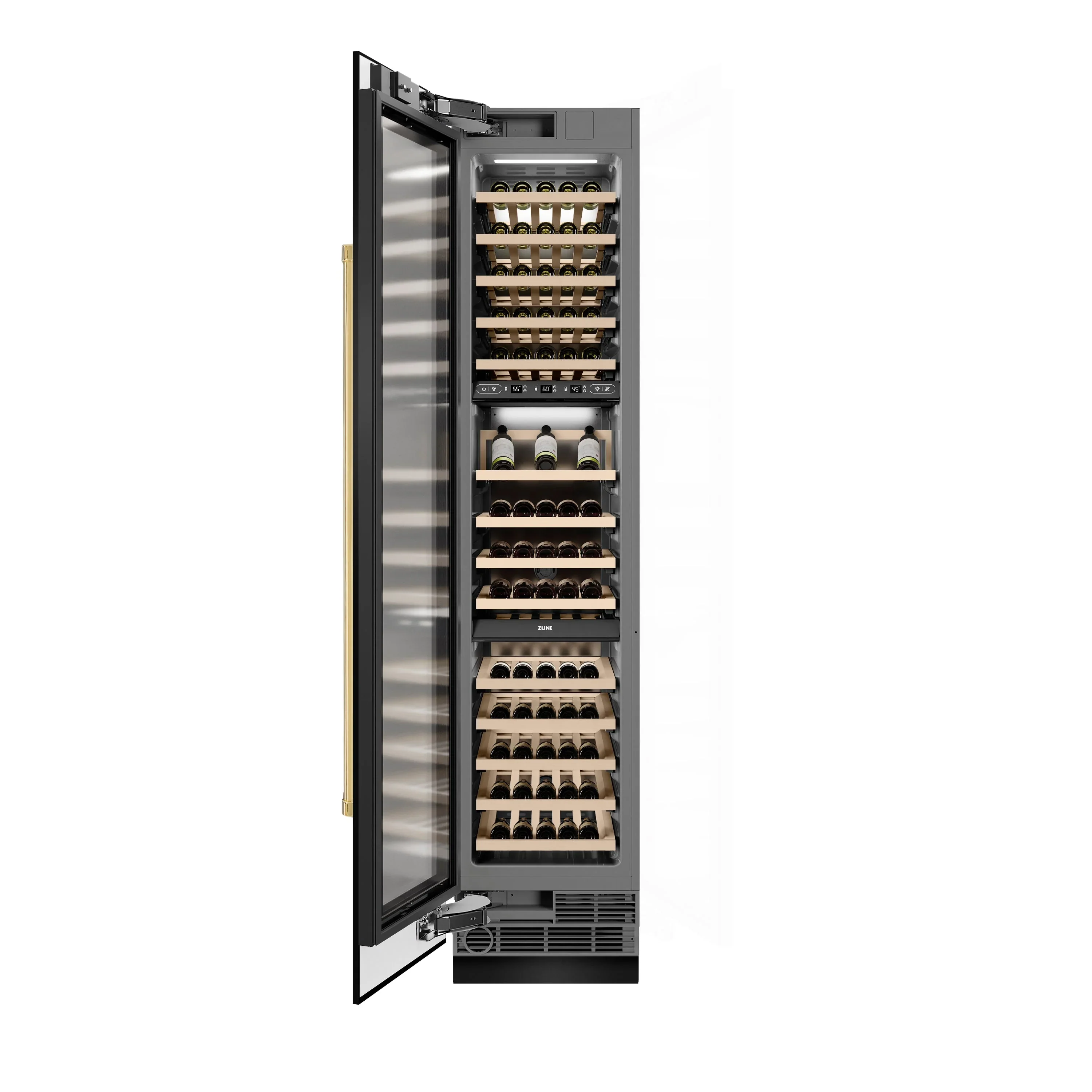 ZLINE Autograph Edition 18-Inch 9.0 Cu. Ft. Triple Zone 68 Bottle Left Hinge Column Wine Cooler in Black Stainless Steel with Polished Gold Accents (RCWVLZ-BS-18-G) - Image 4
