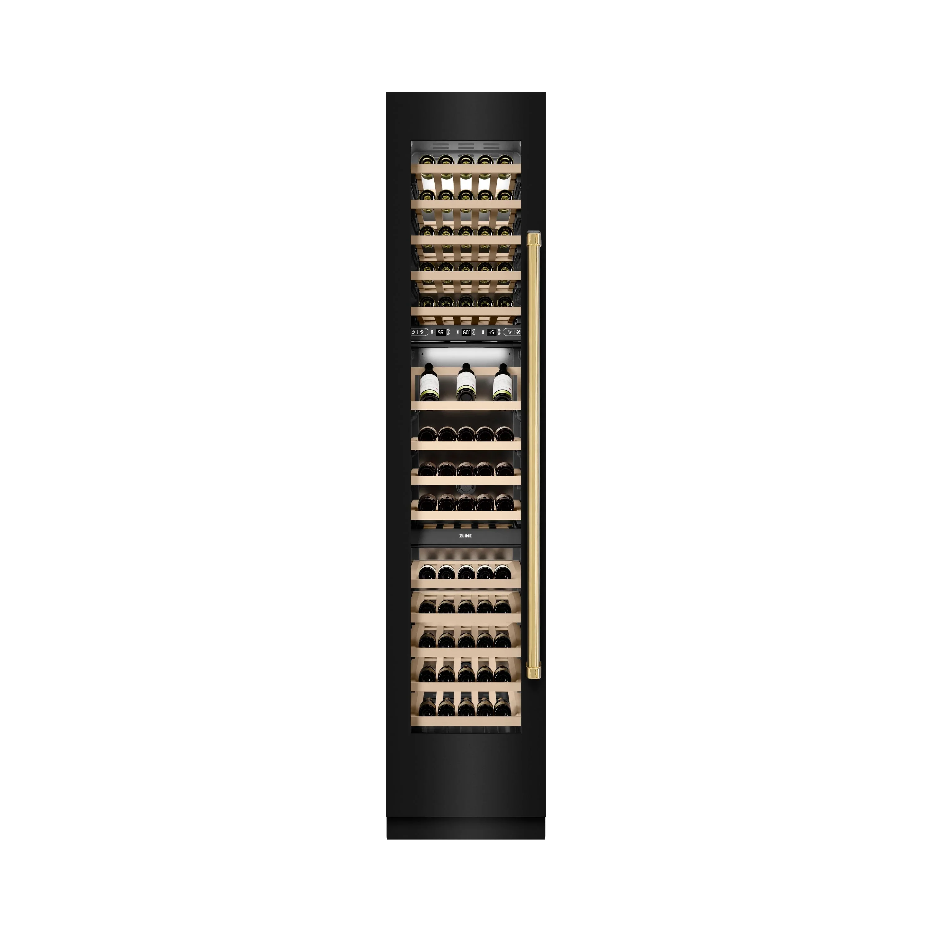ZLINE Autograph Edition 18-Inch 9.0 Cu. Ft. Triple Zone 68 Bottle Left Hinge Column Wine Cooler in Black Stainless Steel with Polished Gold Accents (RCWVLZ-BS-18-G) - Image 5