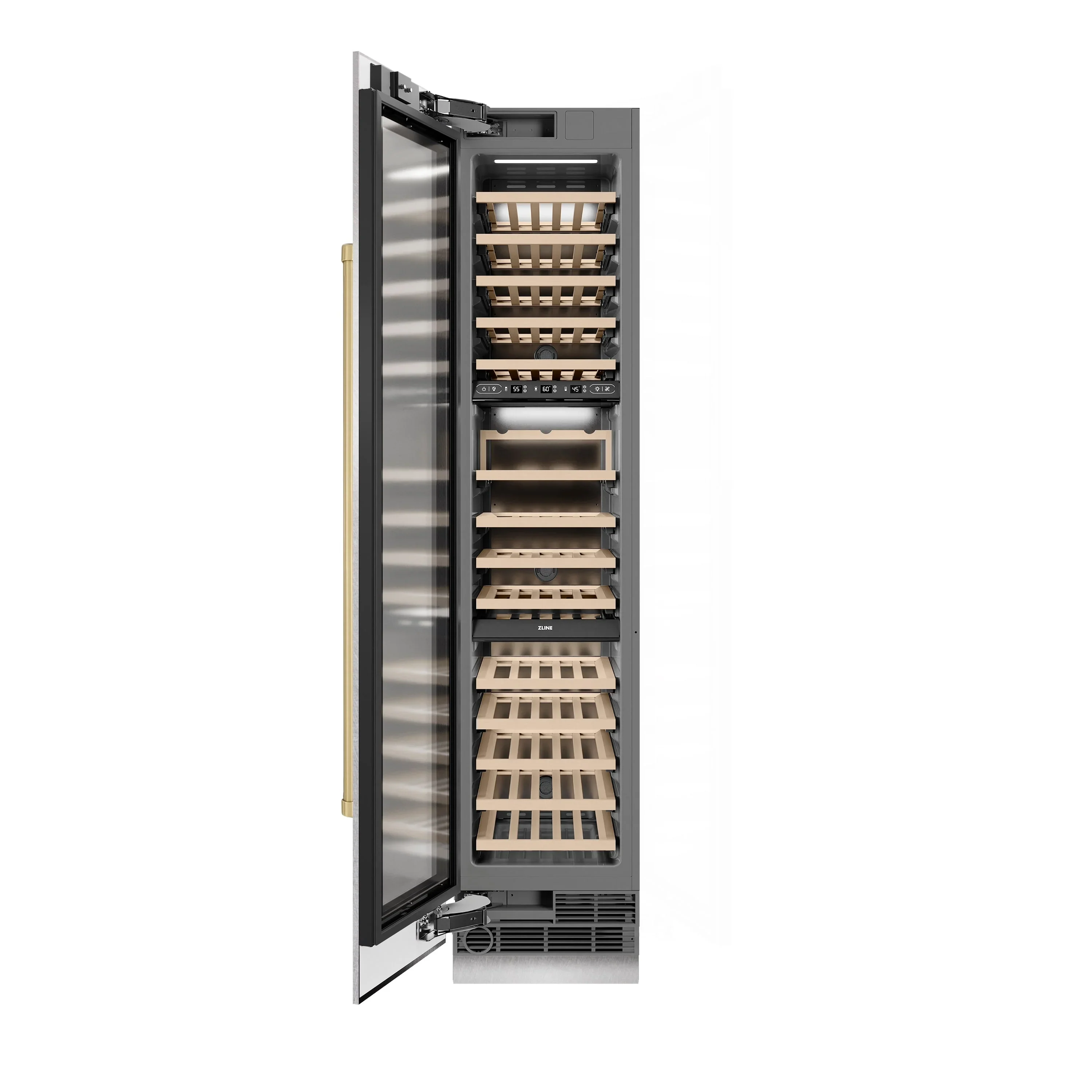ZLINE Autograph Edition 18-Inch 9.0 Cu. Ft. Triple Zone 68 Bottle Left Hinge Column Wine Cooler in Satin Stainless Steel with Champagne Bronze Accents (RCWVLZ-SN-18-CB) - Image 3
