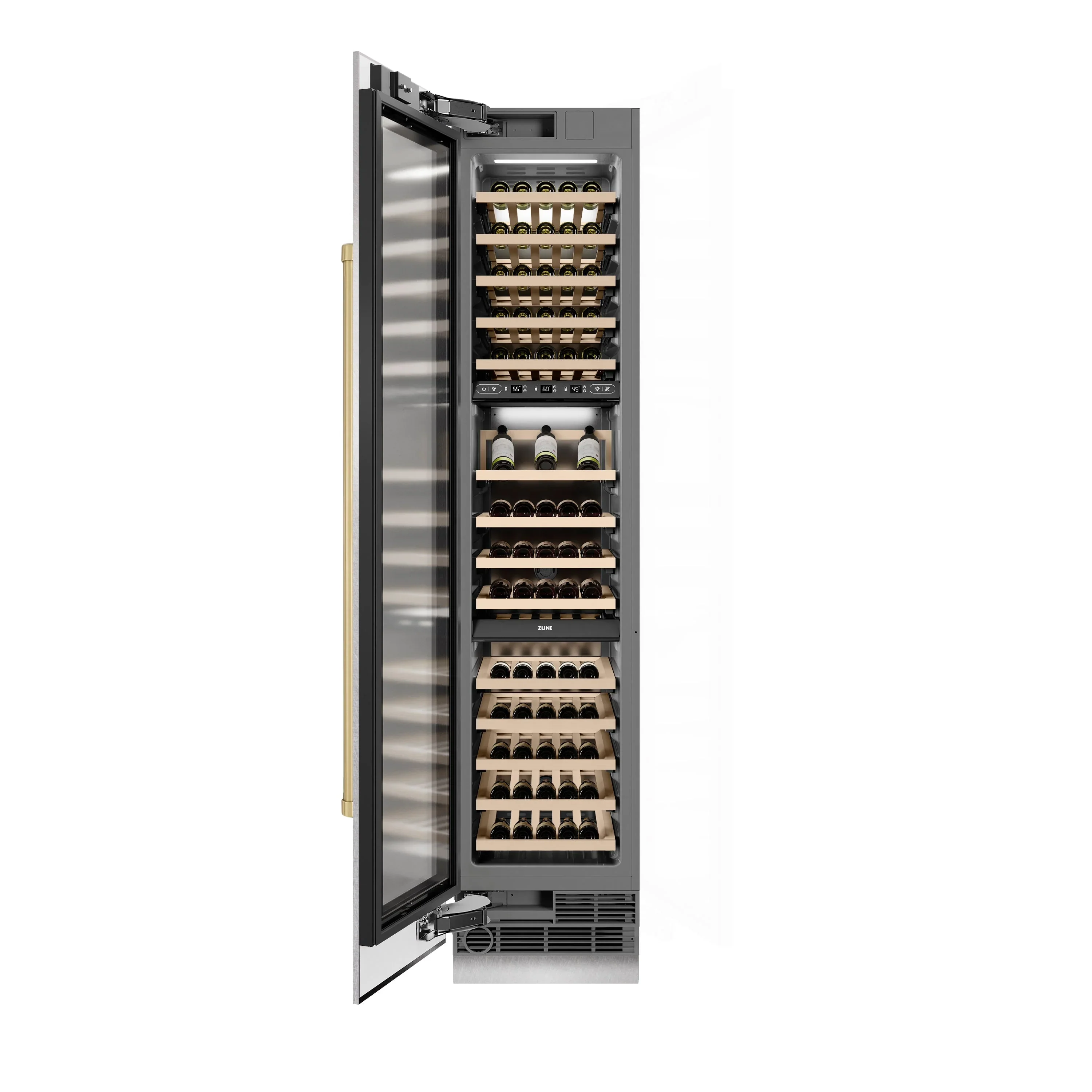ZLINE Autograph Edition 18-Inch 9.0 Cu. Ft. Triple Zone 68 Bottle Left Hinge Column Wine Cooler in Satin Stainless Steel with Champagne Bronze Accents (RCWVLZ-SN-18-CB) - Image 4