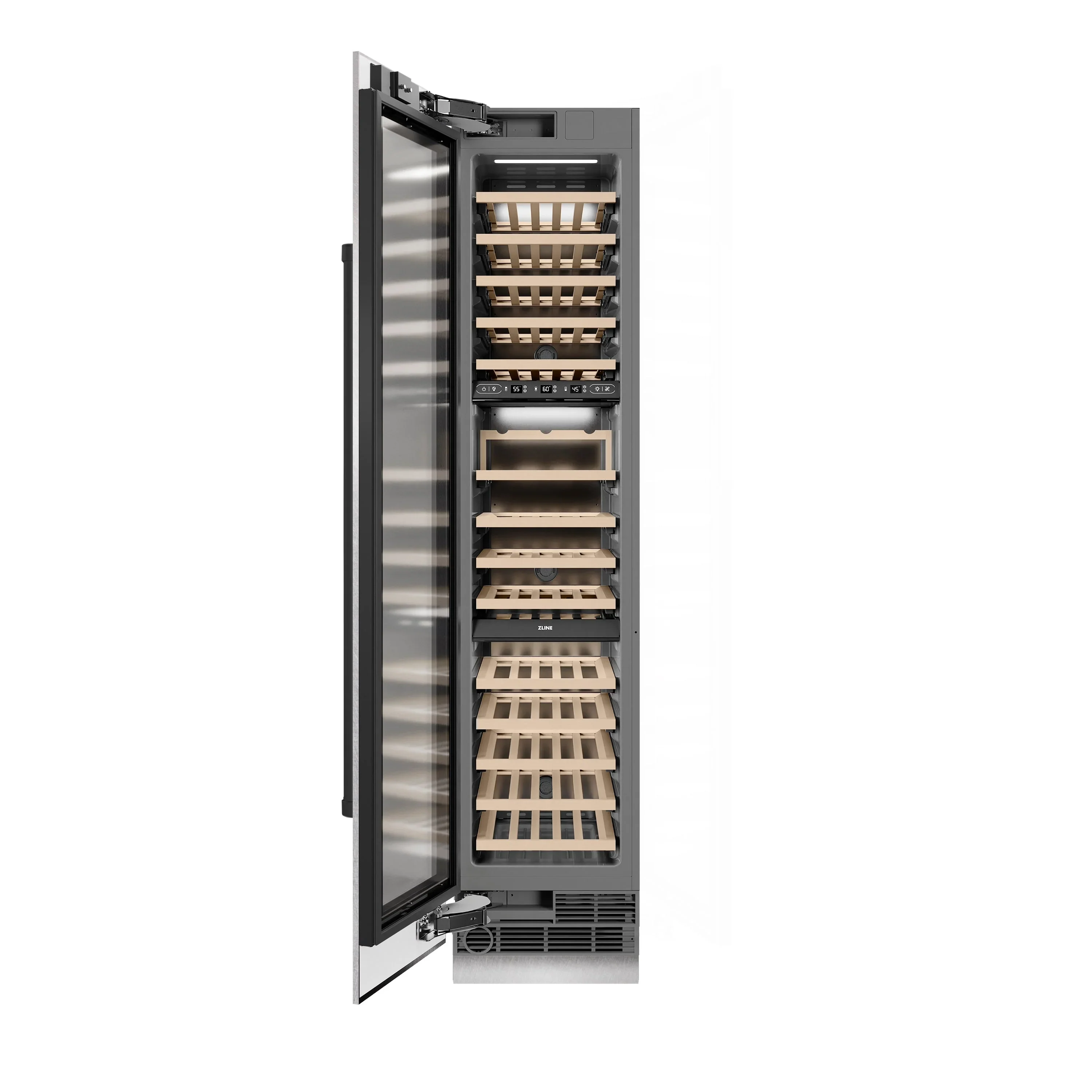 ZLINE Autograph Edition 18-Inch 9.0 Cu. Ft. Triple Zone 68 Bottle Left Hinge Column Wine Cooler in Satin Stainless Steel with Matte Black Accents (RCWVLZ-SN-18-MB) - Image 3