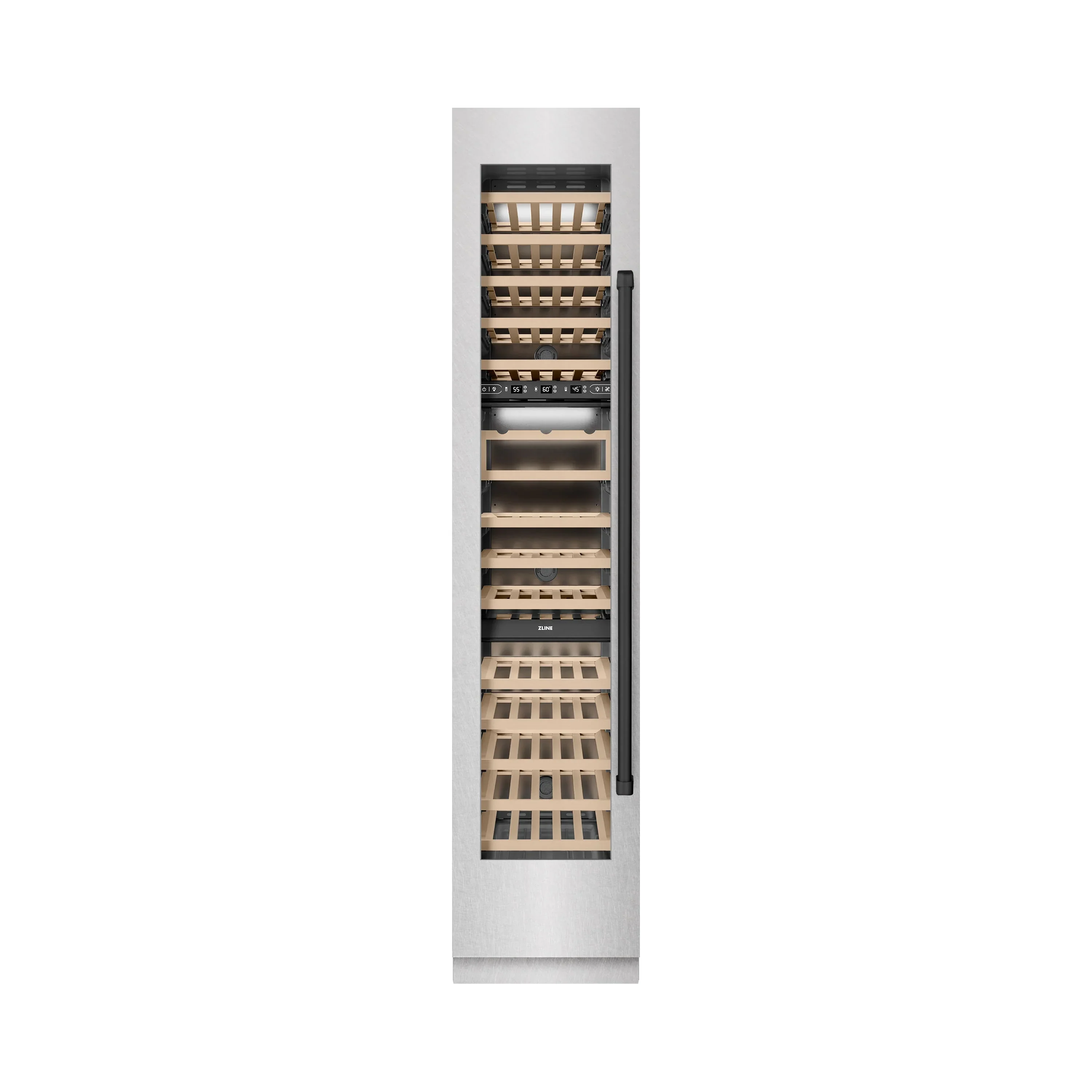 ZLINE Autograph Edition 18-Inch 9.0 Cu. Ft. Triple Zone 68 Bottle Left Hinge Column Wine Cooler in Satin Stainless Steel with Matte Black Accents (RCWVLZ-SN-18-MB) - Image 5