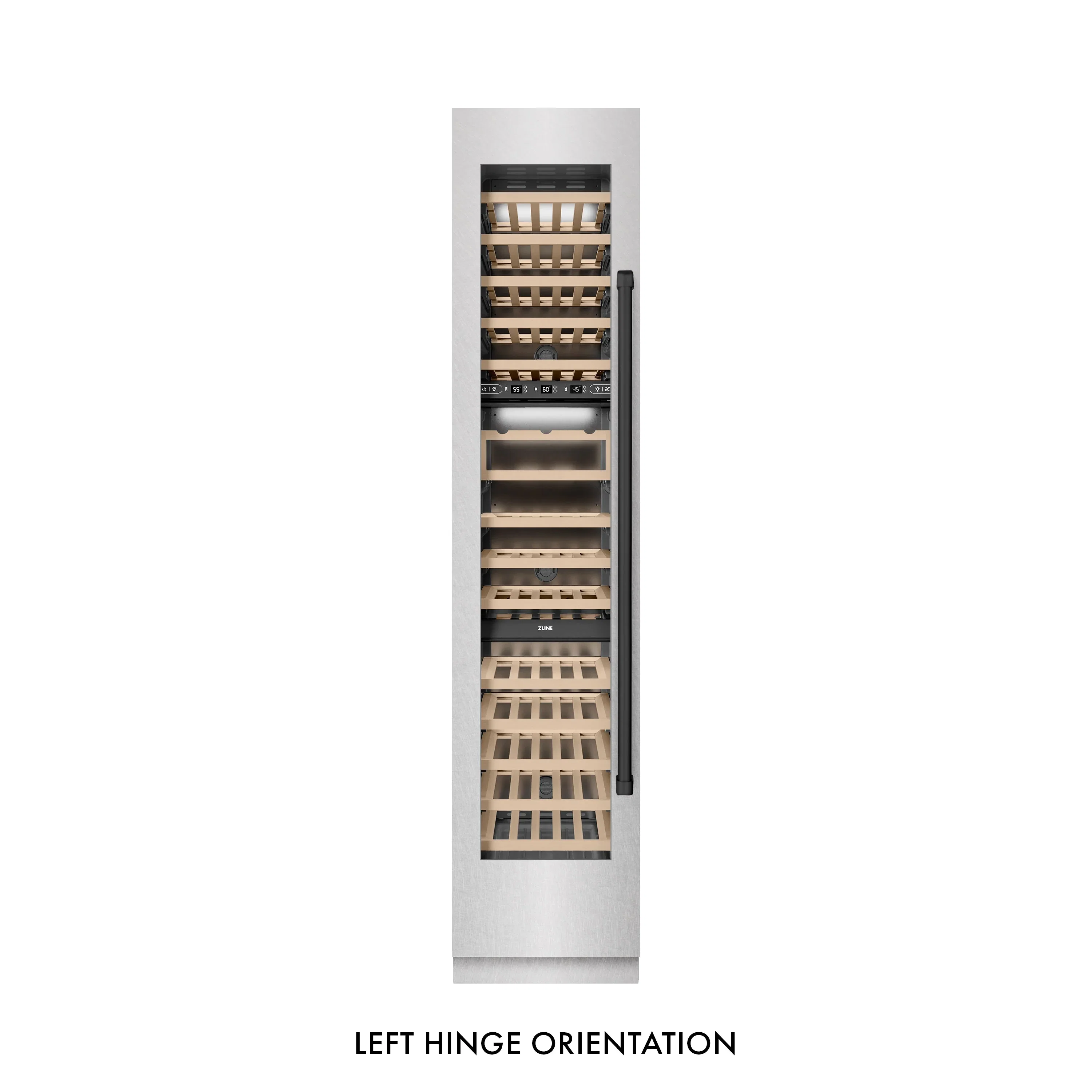 ZLINE Autograph Edition 18-Inch 9.0 Cu. Ft. Triple Zone 68 Bottle Left Hinge Column Wine Cooler in Satin Stainless Steel with Matte Black Accents (RCWVLZ-SN-18-MB) - Image 6