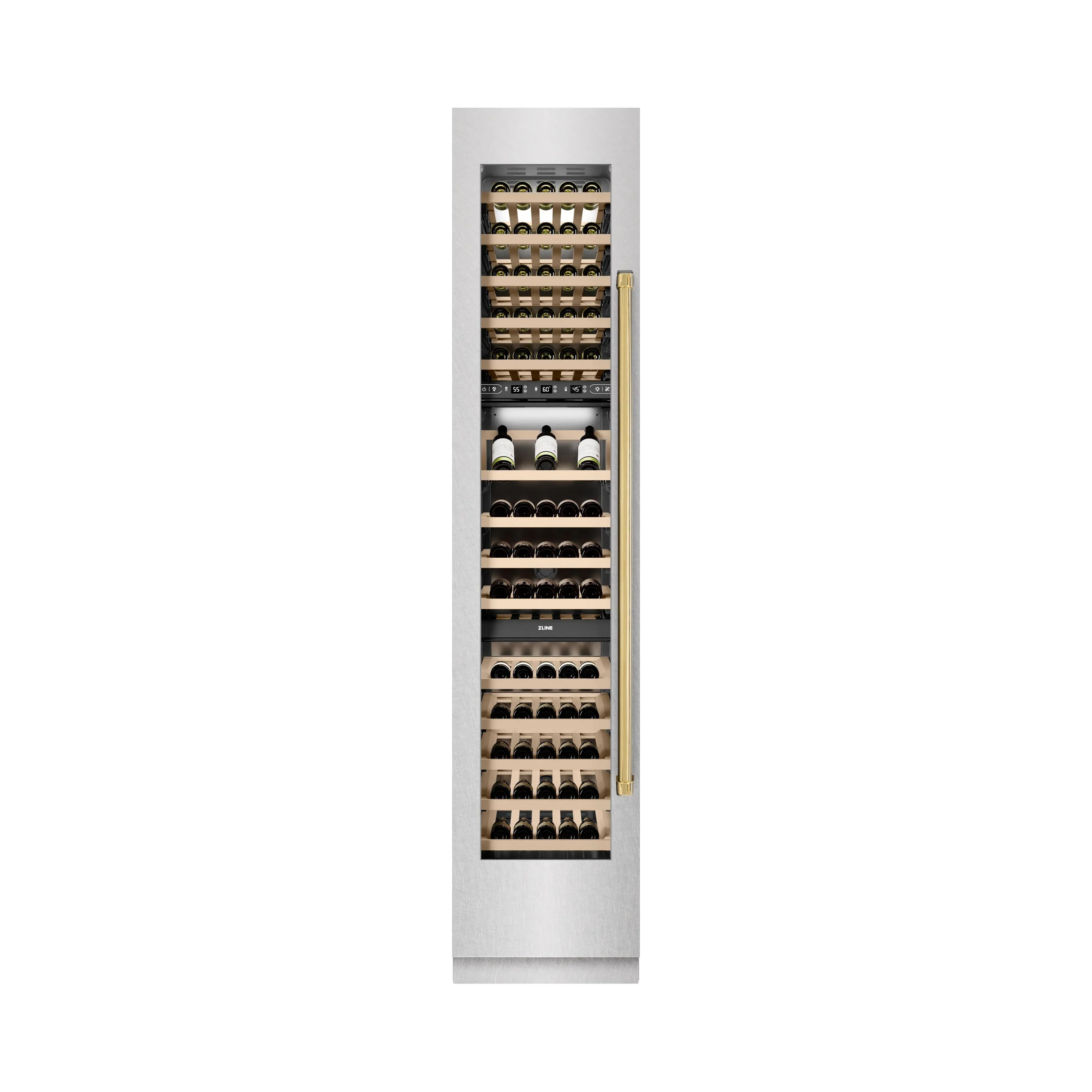 ZLINE Autograph Edition 18-Inch 9.0 Cu. Ft. Triple Zone 68 Bottle Left Hinge Column Wine Cooler in Satin Stainless Steel with Polished Gold Accents (RCWVLZ-SN-18-G) - Image 5