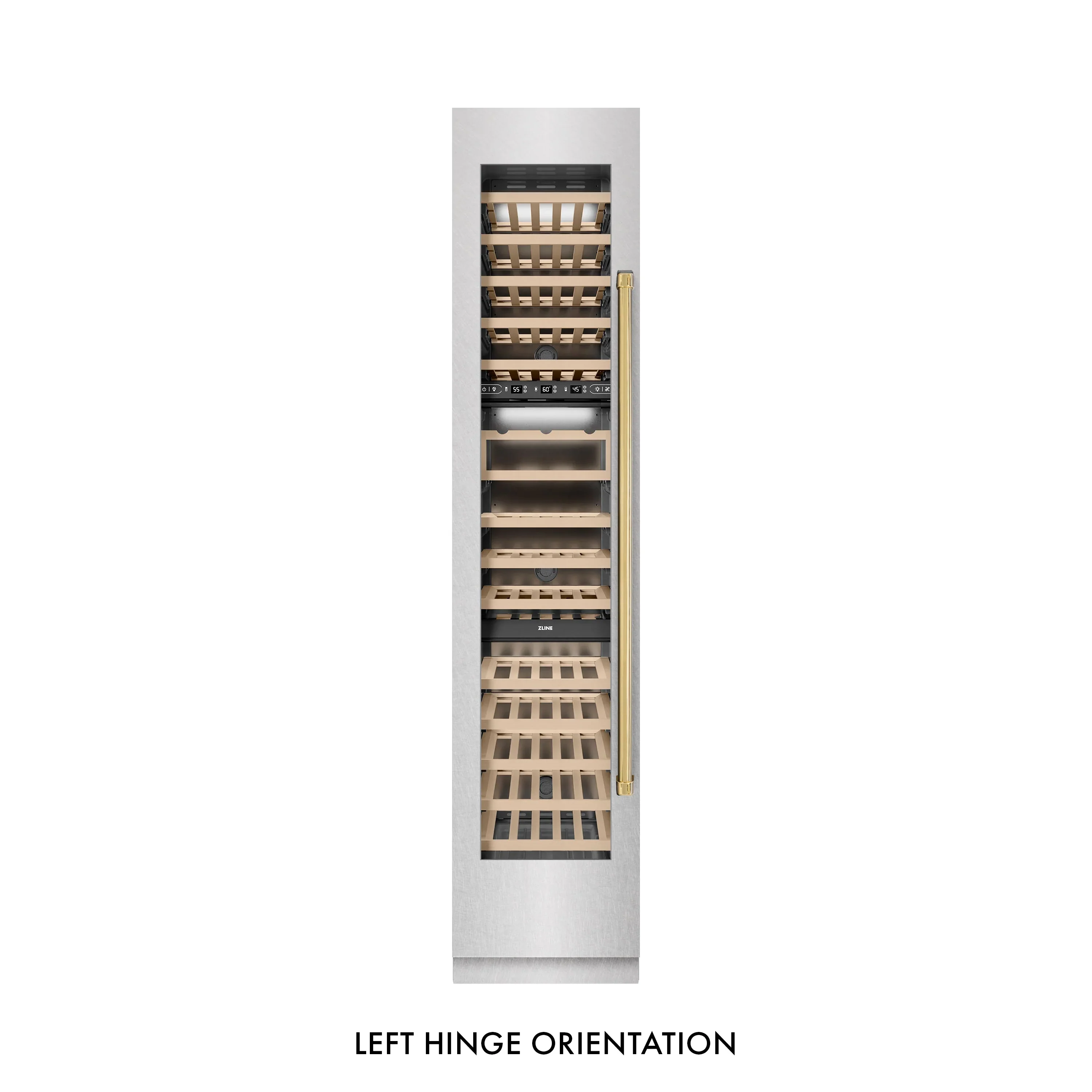 ZLINE Autograph Edition 18-Inch 9.0 Cu. Ft. Triple Zone 68 Bottle Left Hinge Column Wine Cooler in Satin Stainless Steel with Polished Gold Accents (RCWVLZ-SN-18-G) - Image 6