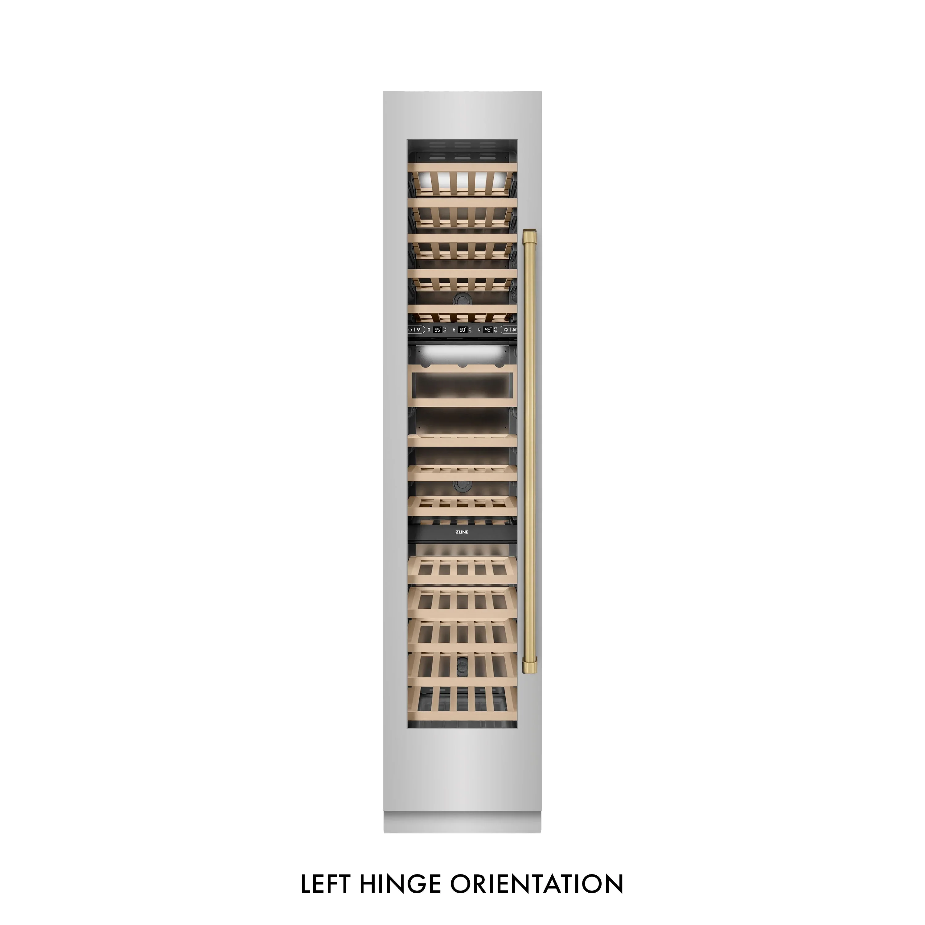 ZLINE Autograph Edition 18-Inch 9.0 Cu. Ft. Triple Zone 68 Bottle Left Hinge Column Wine Cooler in Stainless Steel with Champagne Bronze Accents (RCWVLZ-30418-CB) - Image 5