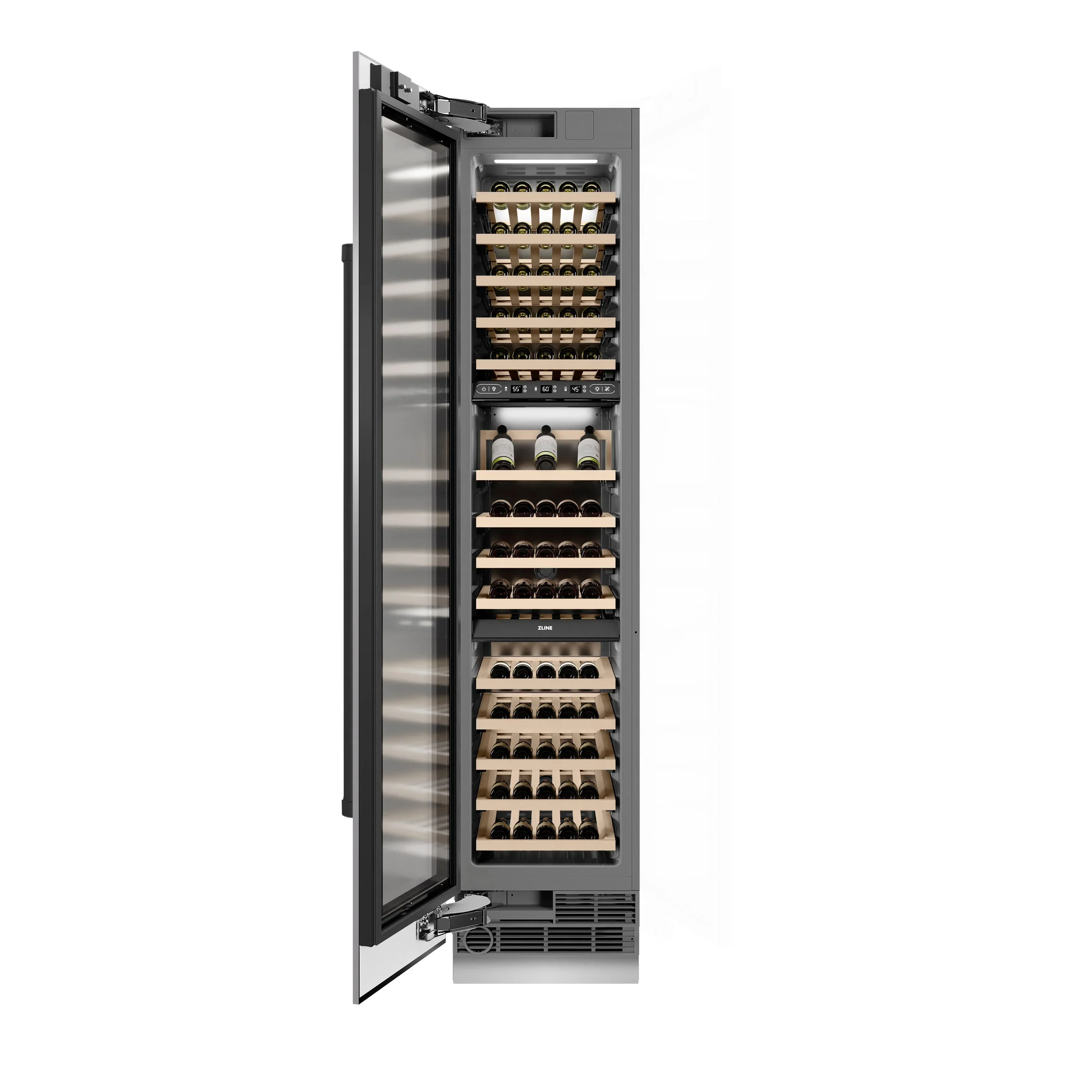 ZLINE Autograph Edition 18-Inch 9.0 Cu. Ft. Triple Zone 68 Bottle Left Hinge Column Wine Cooler in Stainless Steel with Matte Black Accents (RCWVLZ-30418-MB) - Image 4