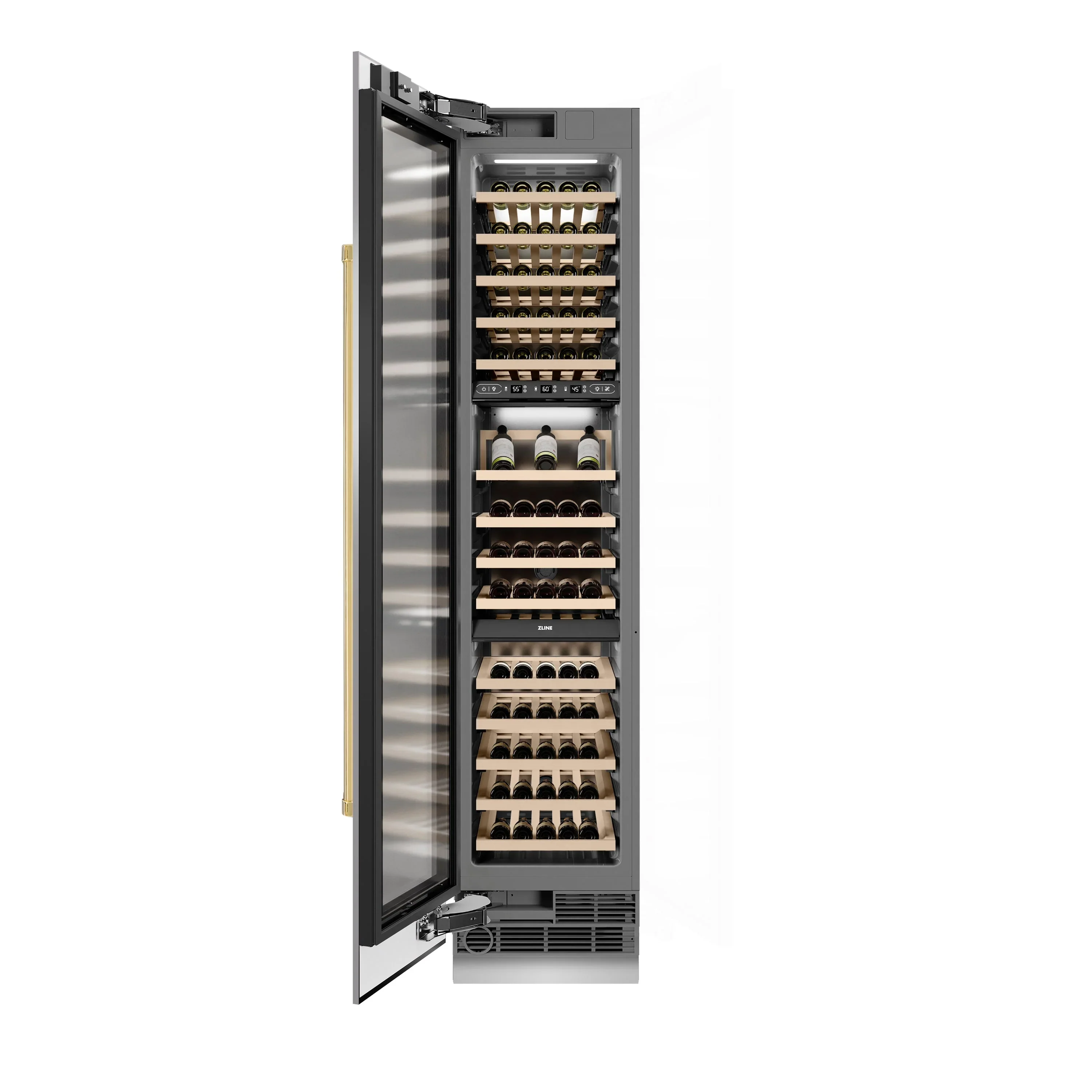 ZLINE Autograph Edition 18-Inch 9.0 Cu. Ft. Triple Zone 68 Bottle Left Hinge Column Wine Cooler in Stainless Steel with Polished Gold Accents (RCWVLZ-30418-G) - Image 2