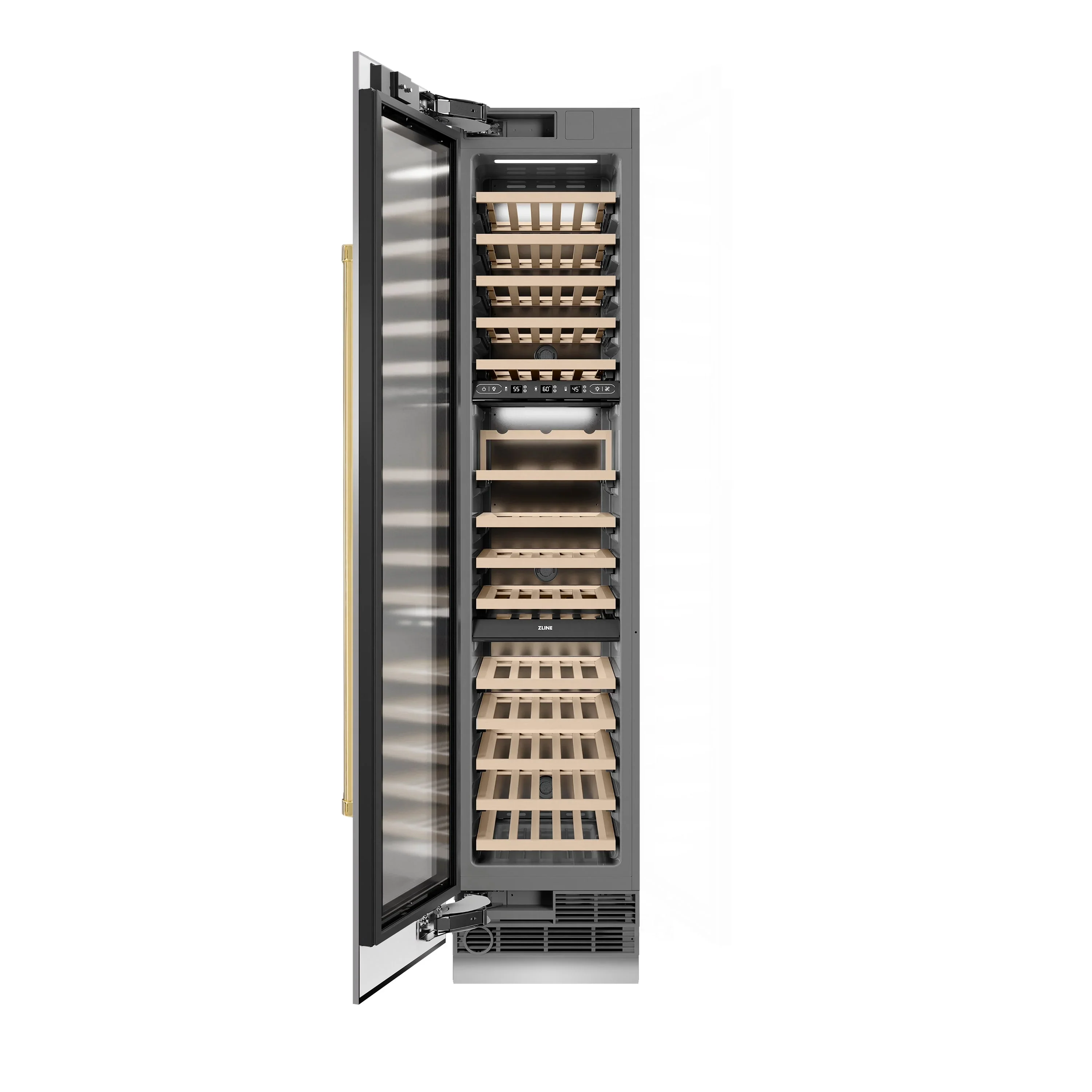 ZLINE Autograph Edition 18-Inch 9.0 Cu. Ft. Triple Zone 68 Bottle Left Hinge Column Wine Cooler in Stainless Steel with Polished Gold Accents (RCWVLZ-30418-G) - Image 3