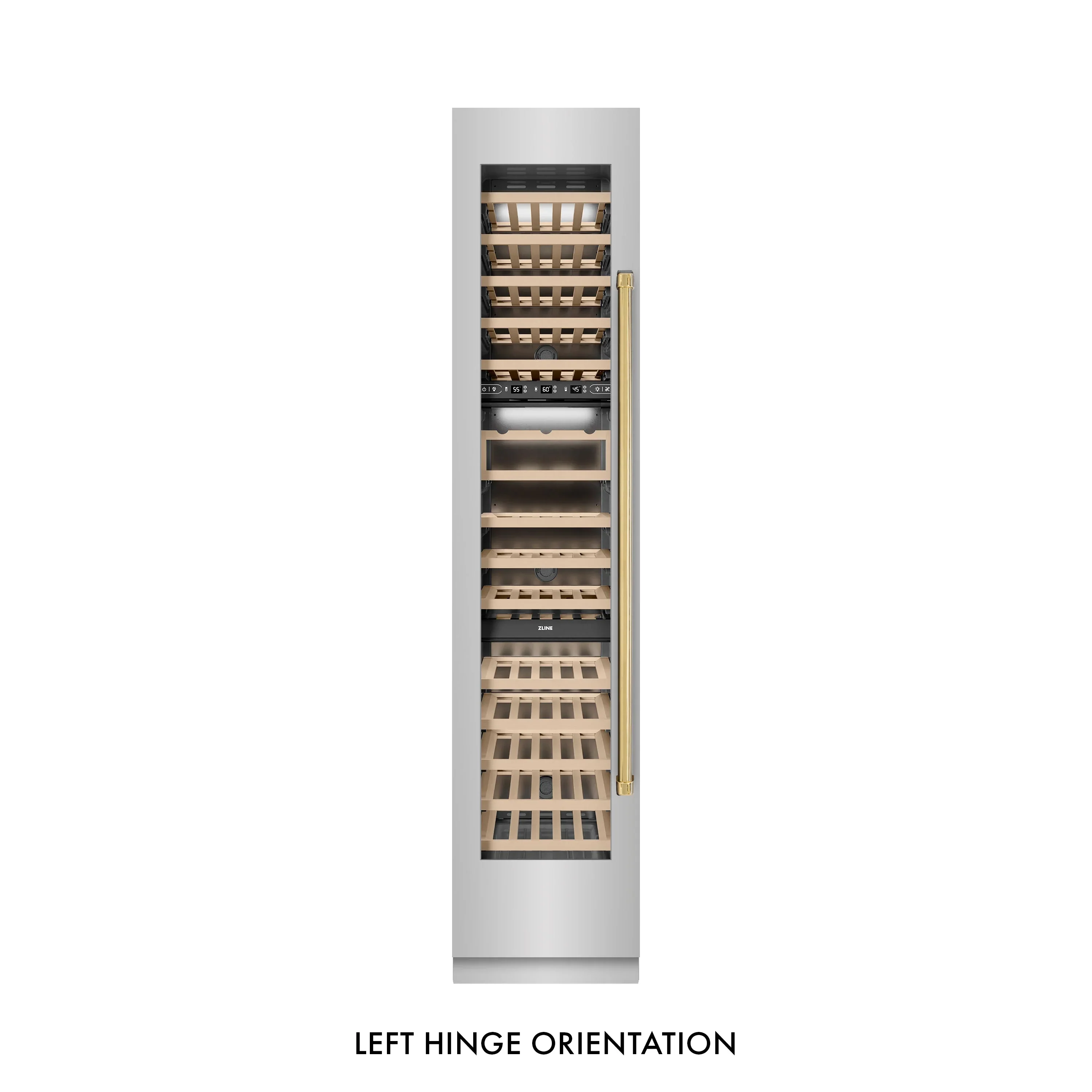 ZLINE Autograph Edition 18-Inch 9.0 Cu. Ft. Triple Zone 68 Bottle Left Hinge Column Wine Cooler in Stainless Steel with Polished Gold Accents (RCWVLZ-30418-G) - Image 4