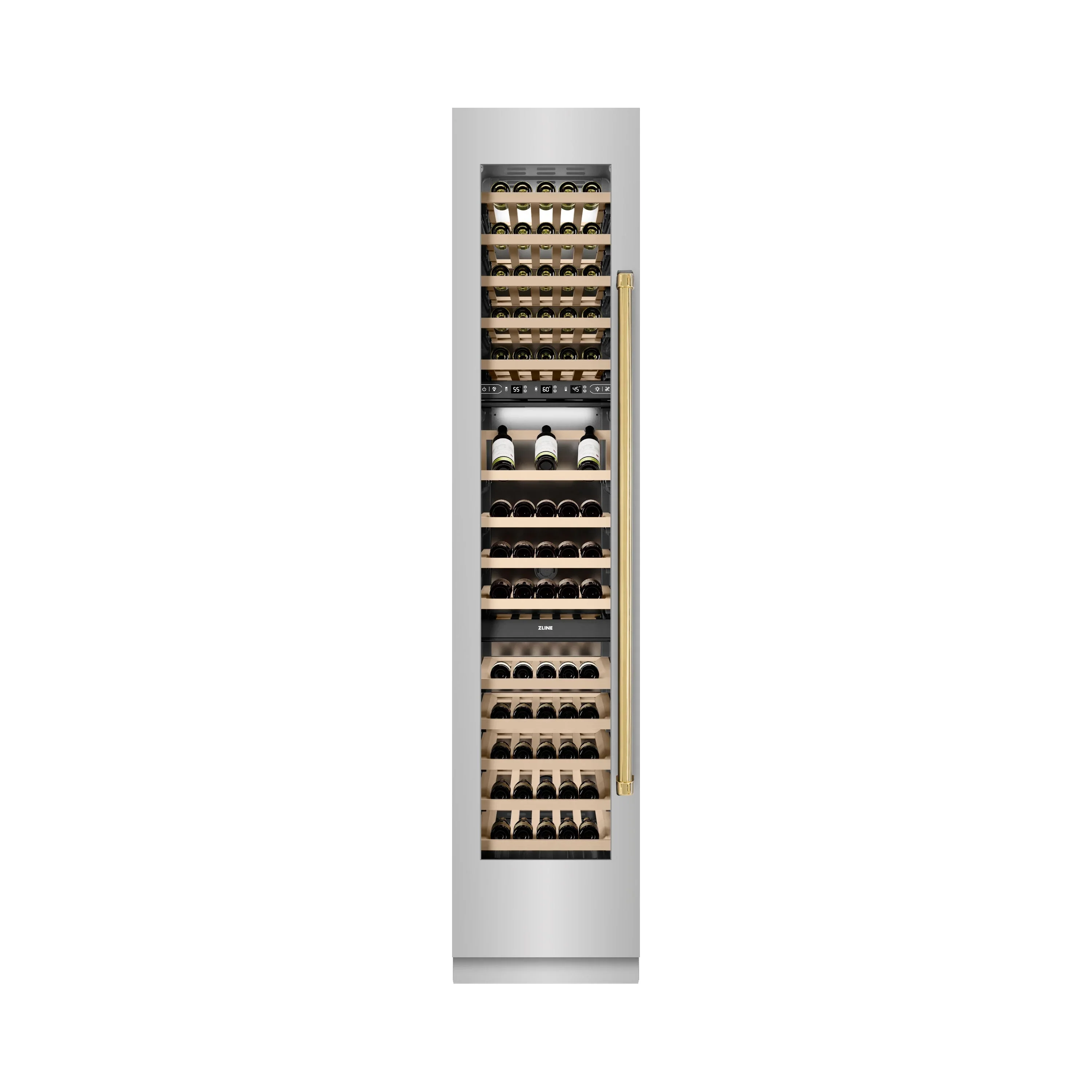 ZLINE Autograph Edition 18-Inch 9.0 Cu. Ft. Triple Zone 68 Bottle Left Hinge Column Wine Cooler in Stainless Steel with Polished Gold Accents (RCWVLZ-30418-G) - Image 5