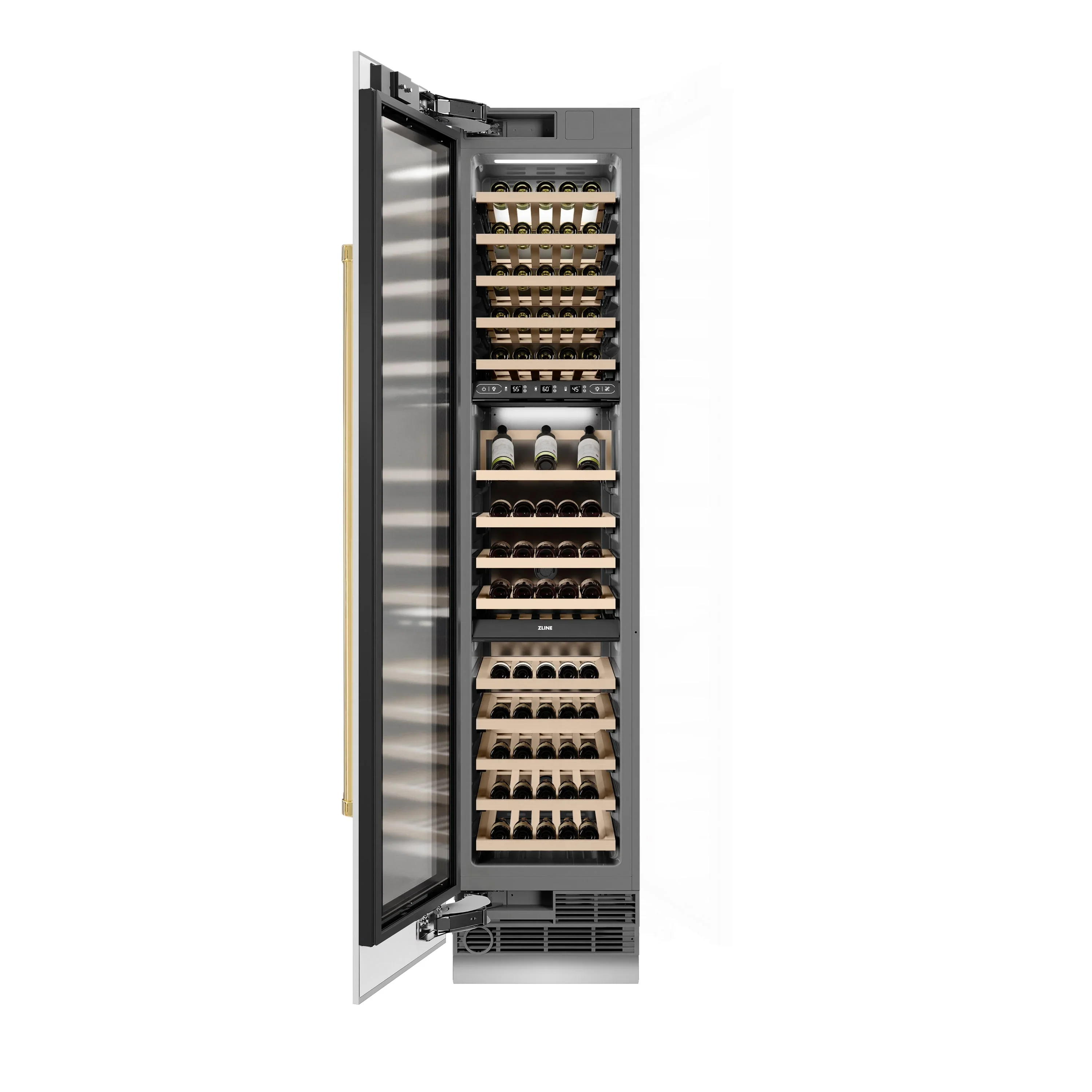 ZLINE Autograph Edition 18-Inch 9.0 Cu. Ft. Triple Zone 68 Bottle Left Hinge Column Wine Cooler in White Matte with Polished Gold Accents (RCWVLZ-WM-18-G) - Image 2