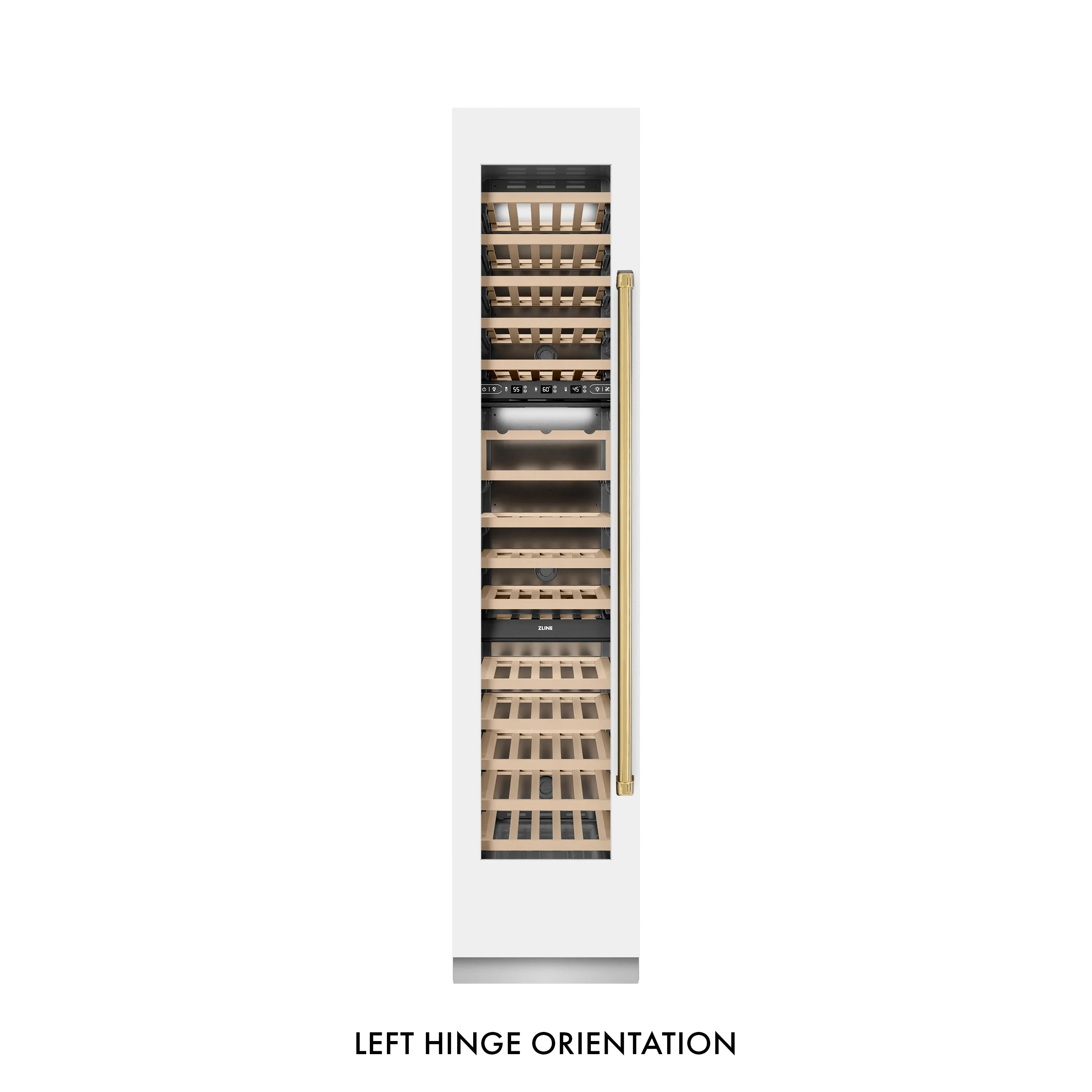 ZLINE Autograph Edition 18-Inch 9.0 Cu. Ft. Triple Zone 68 Bottle Left Hinge Column Wine Cooler in White Matte with Polished Gold Accents (RCWVLZ-WM-18-G) - Image 4
