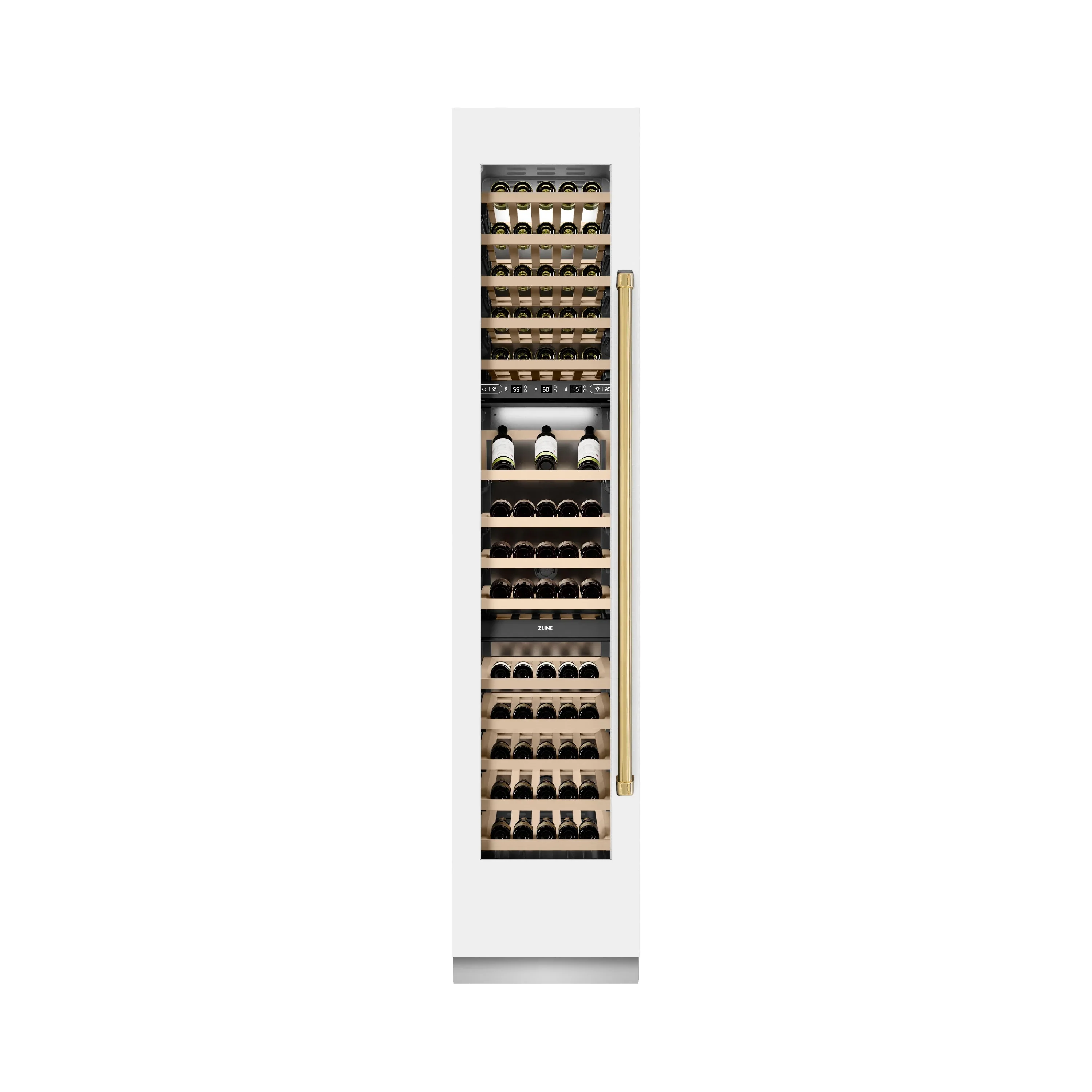 ZLINE Autograph Edition 18-Inch 9.0 Cu. Ft. Triple Zone 68 Bottle Left Hinge Column Wine Cooler in White Matte with Polished Gold Accents (RCWVLZ-WM-18-G) - Image 5