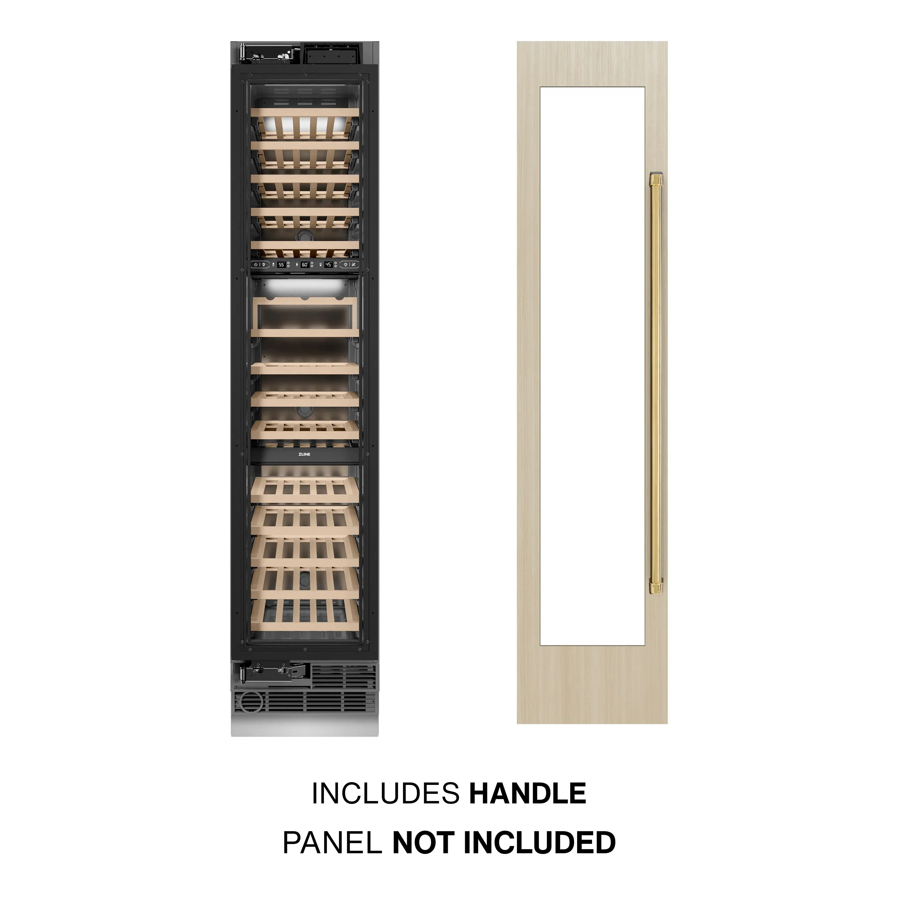 ZLINE Autograph Edition 18-Inch 9.0 Cu. Ft. Triple Zone 68 Bottle Panel Ready Left Hinge Column Wine Cooler with Polished Gold Accents (RBCWVLZ-18-G) - Image 2