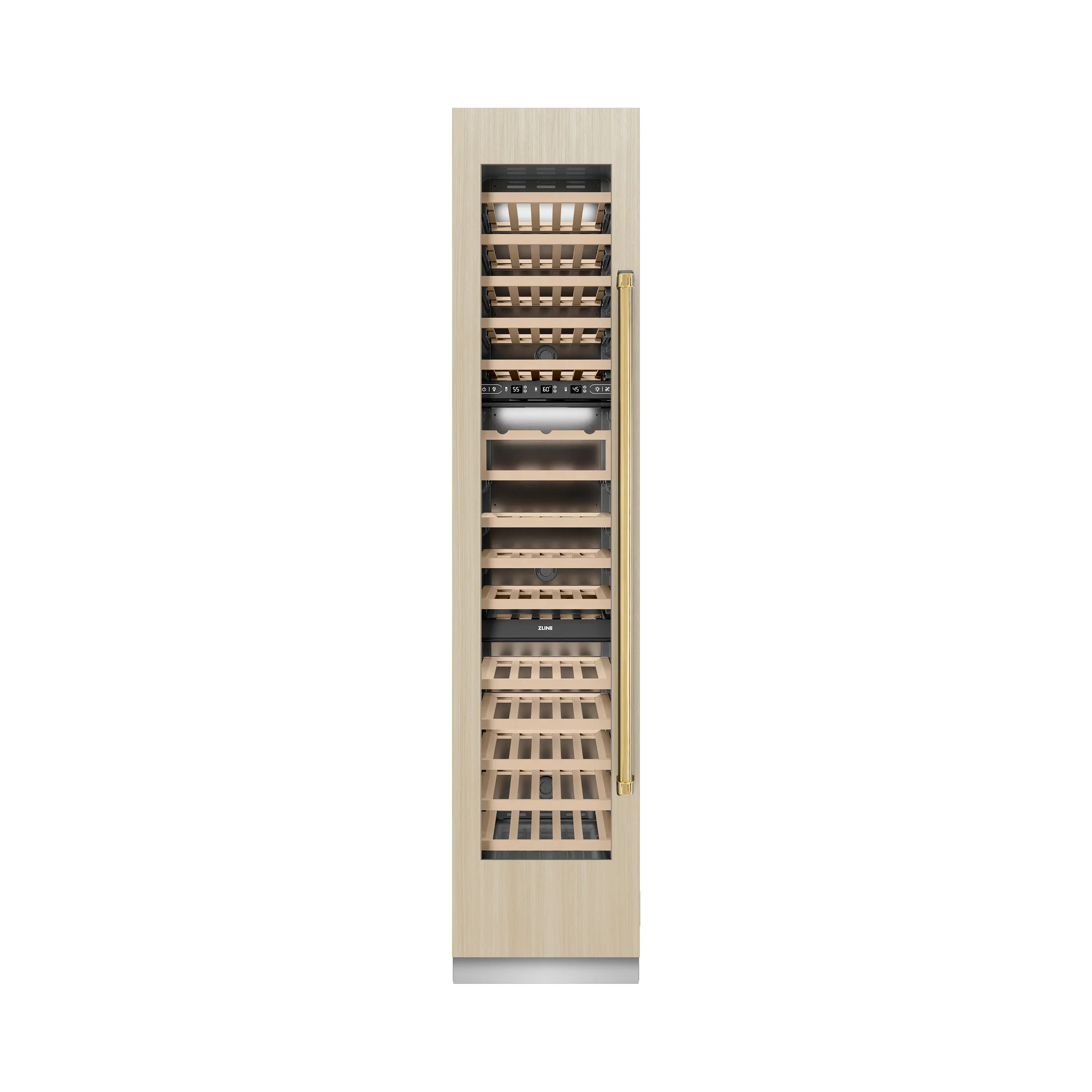 ZLINE Autograph Edition 18-Inch 9.0 Cu. Ft. Triple Zone 68 Bottle Panel Ready Left Hinge Column Wine Cooler with Polished Gold Accents (RBCWVLZ-18-G) - Image 3