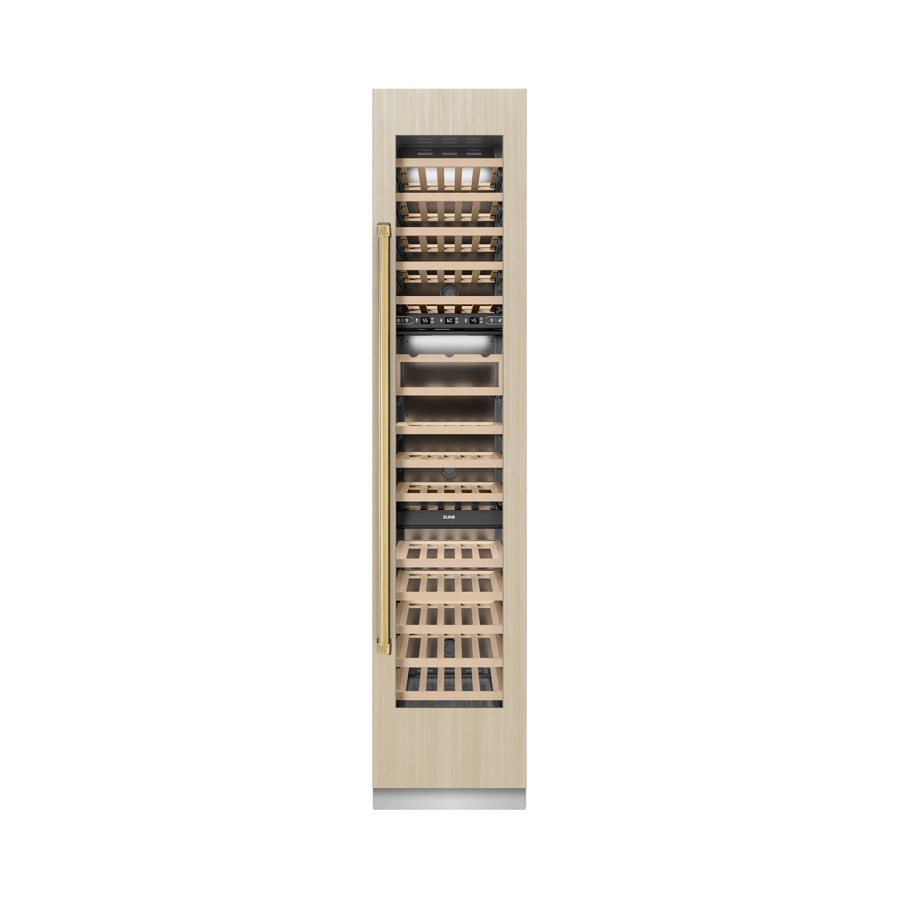 ZLINE Autograph Edition 18-Inch 9.0 Cu. Ft. Triple Zone 68 Bottle Panel Ready Right Hinge Column Wine Cooler with Polished Gold Accents (RBCWVRZ-18-G) - Image 3