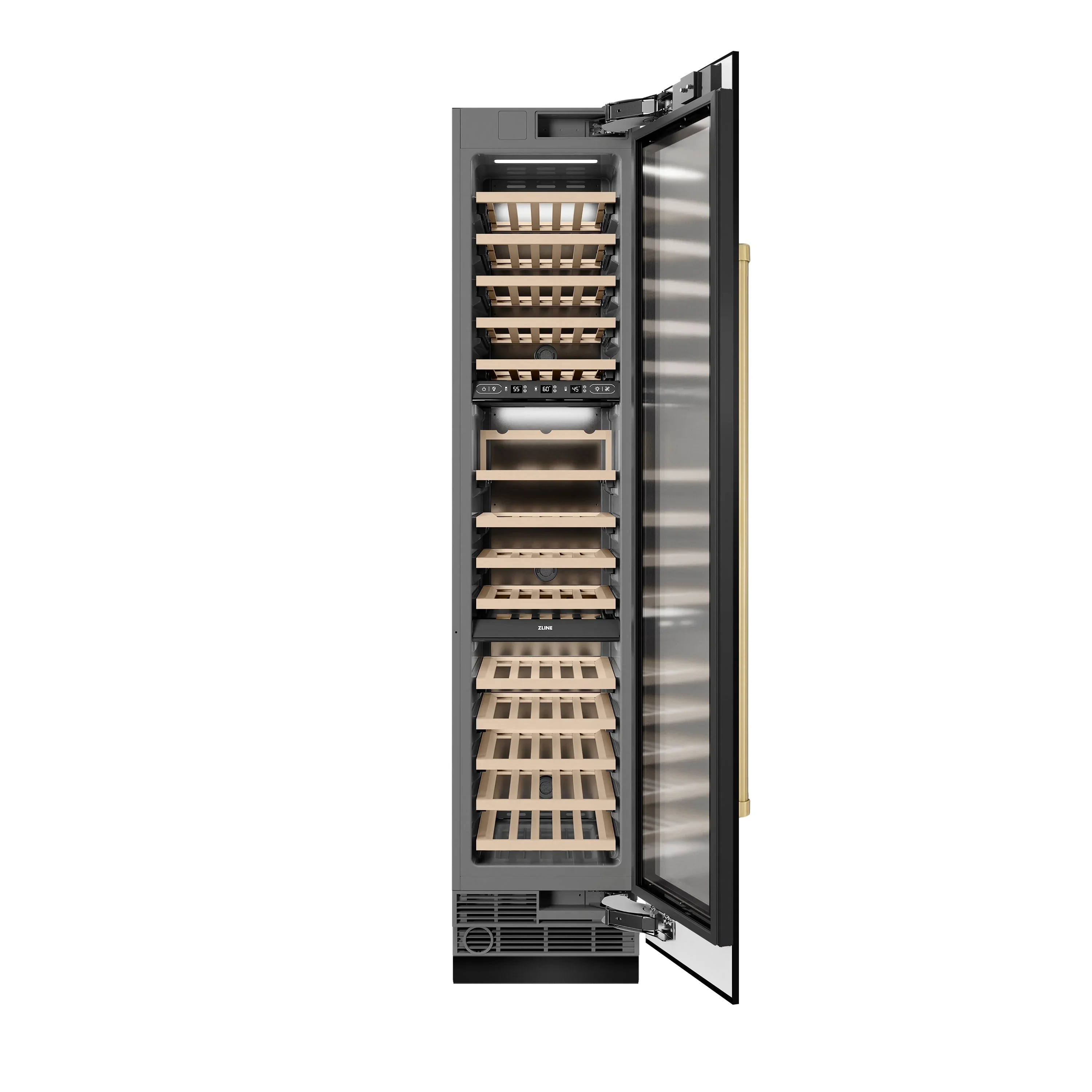 ZLINE Autograph Edition 18-Inch 9.0 Cu. Ft. Triple Zone 68 Bottle Right Hinge Column Wine Cooler in Black Stainless Steel with Champagne Bronze Accents (RCWVRZ-BS-18-CB) - Image 3