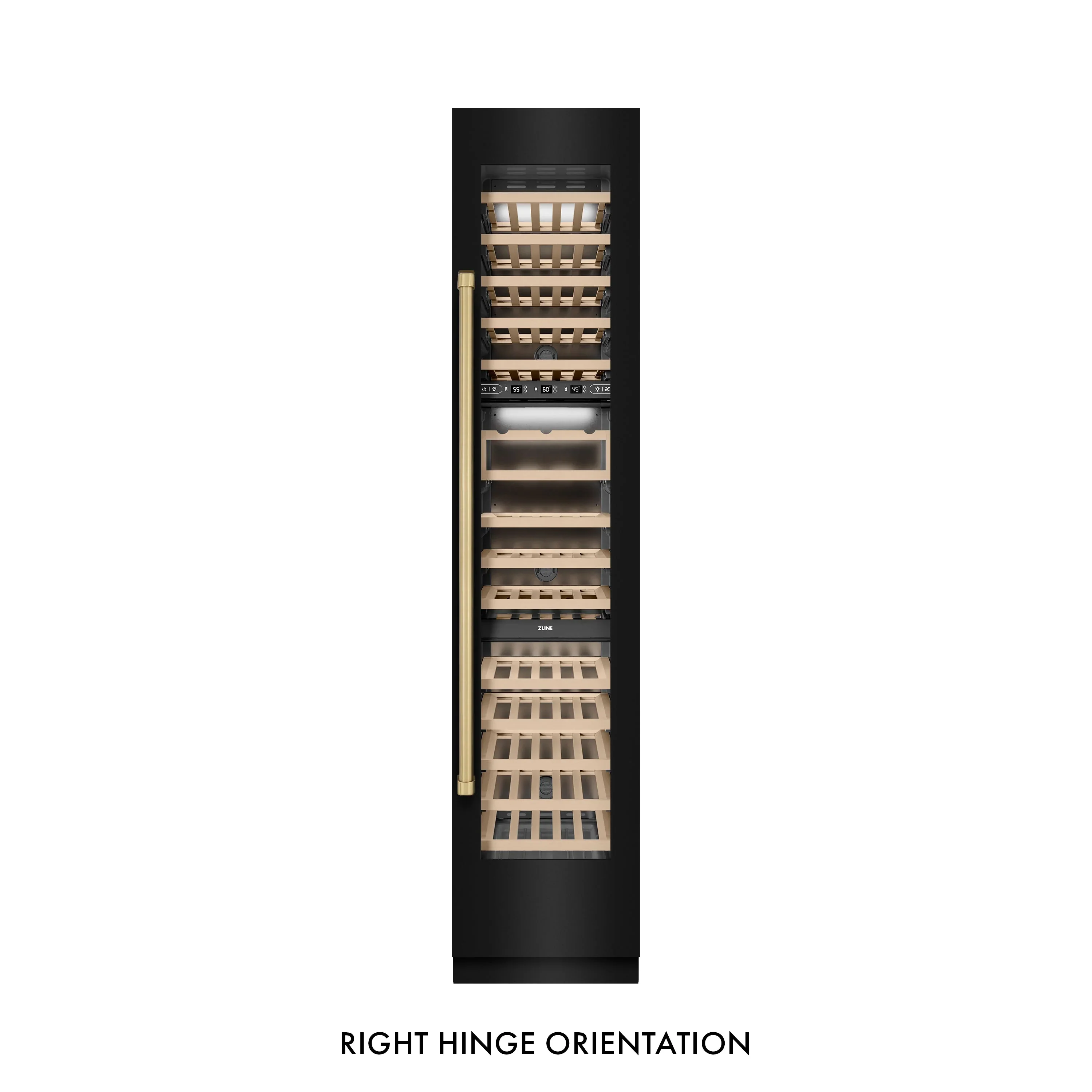 ZLINE Autograph Edition 18-Inch 9.0 Cu. Ft. Triple Zone 68 Bottle Right Hinge Column Wine Cooler in Black Stainless Steel with Champagne Bronze Accents (RCWVRZ-BS-18-CB) - Image 6