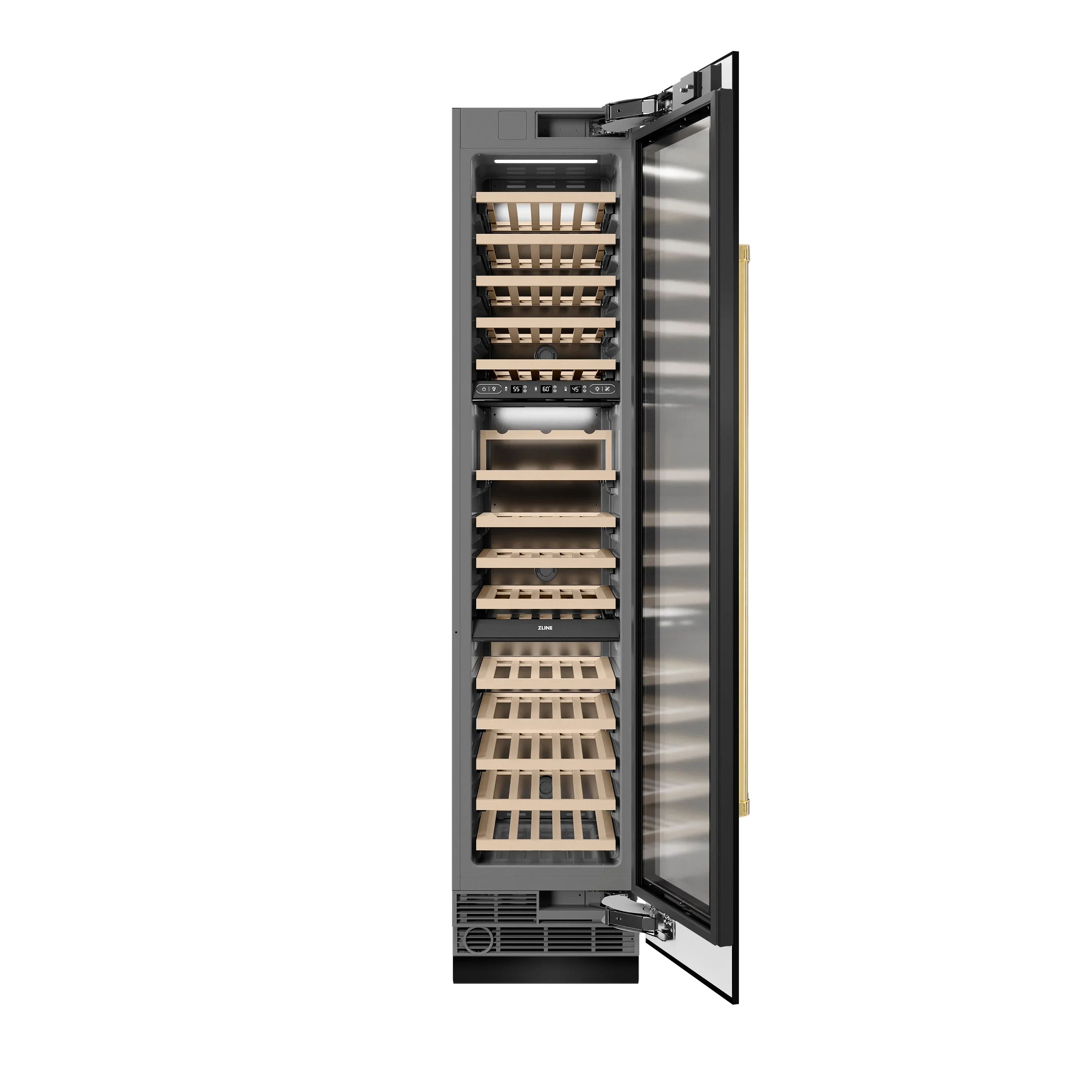 ZLINE Autograph Edition 18-Inch 9.0 Cu. Ft. Triple Zone 68 Bottle Right Hinge Column Wine Cooler in Black Stainless Steel with Polished Gold Accents (RCWVRZ-BS-18-G) - Image 3