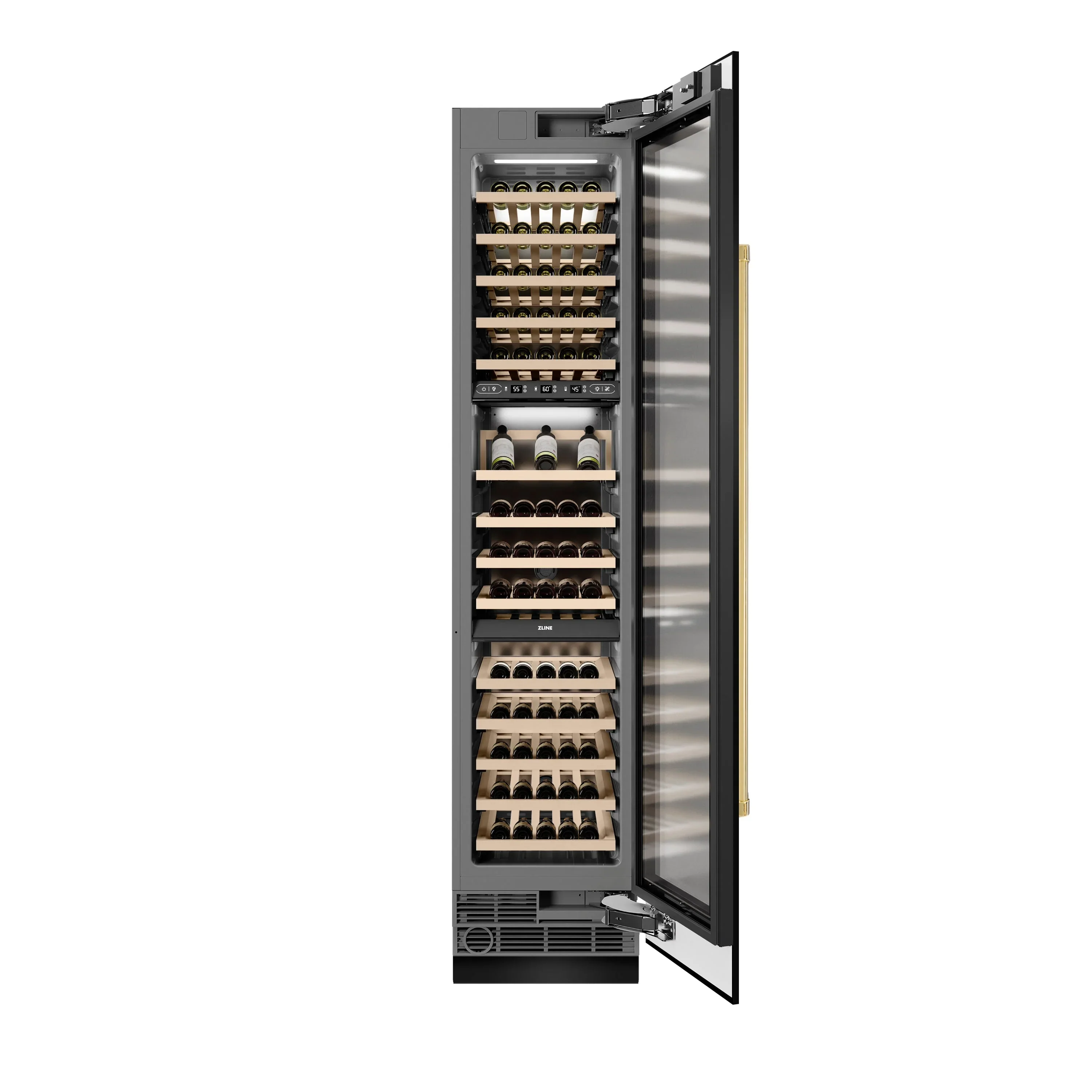 ZLINE Autograph Edition 18-Inch 9.0 Cu. Ft. Triple Zone 68 Bottle Right Hinge Column Wine Cooler in Black Stainless Steel with Polished Gold Accents (RCWVRZ-BS-18-G) - Image 4
