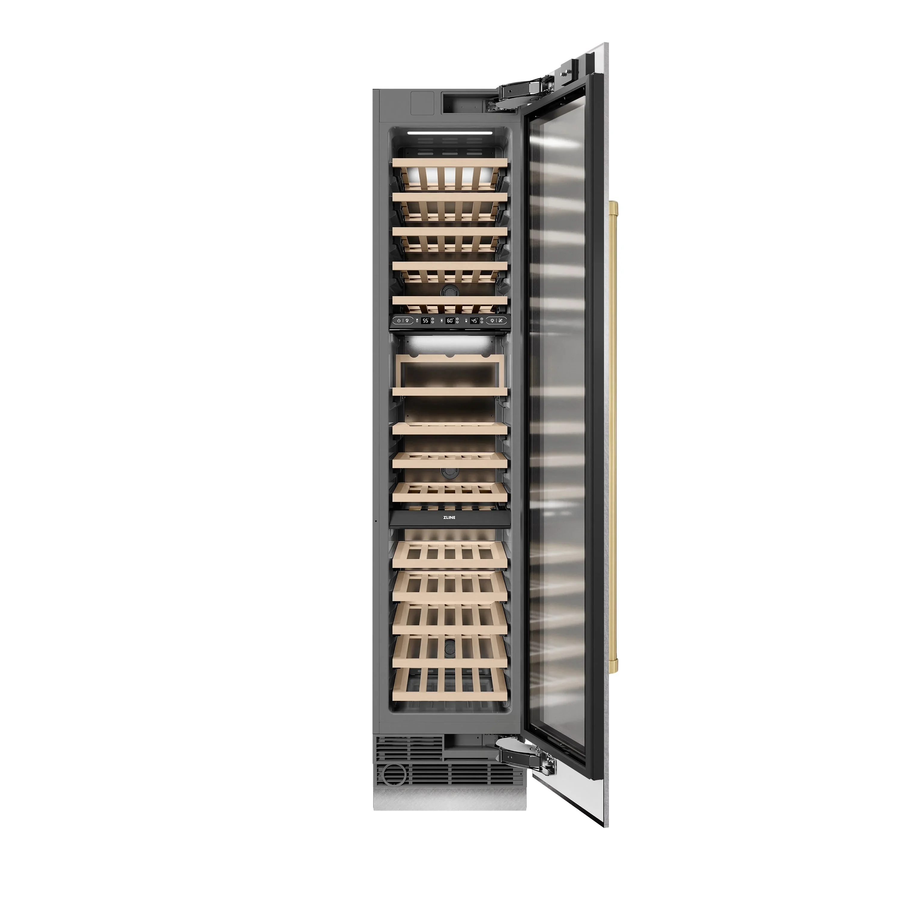 ZLINE Autograph Edition 18-Inch 9.0 Cu. Ft. Triple Zone 68 Bottle Right Hinge Column Wine Cooler in Satin Stainless Steel with Champagne Bronze Accents (RCWVRZ-SN-18-CB) - Image 3