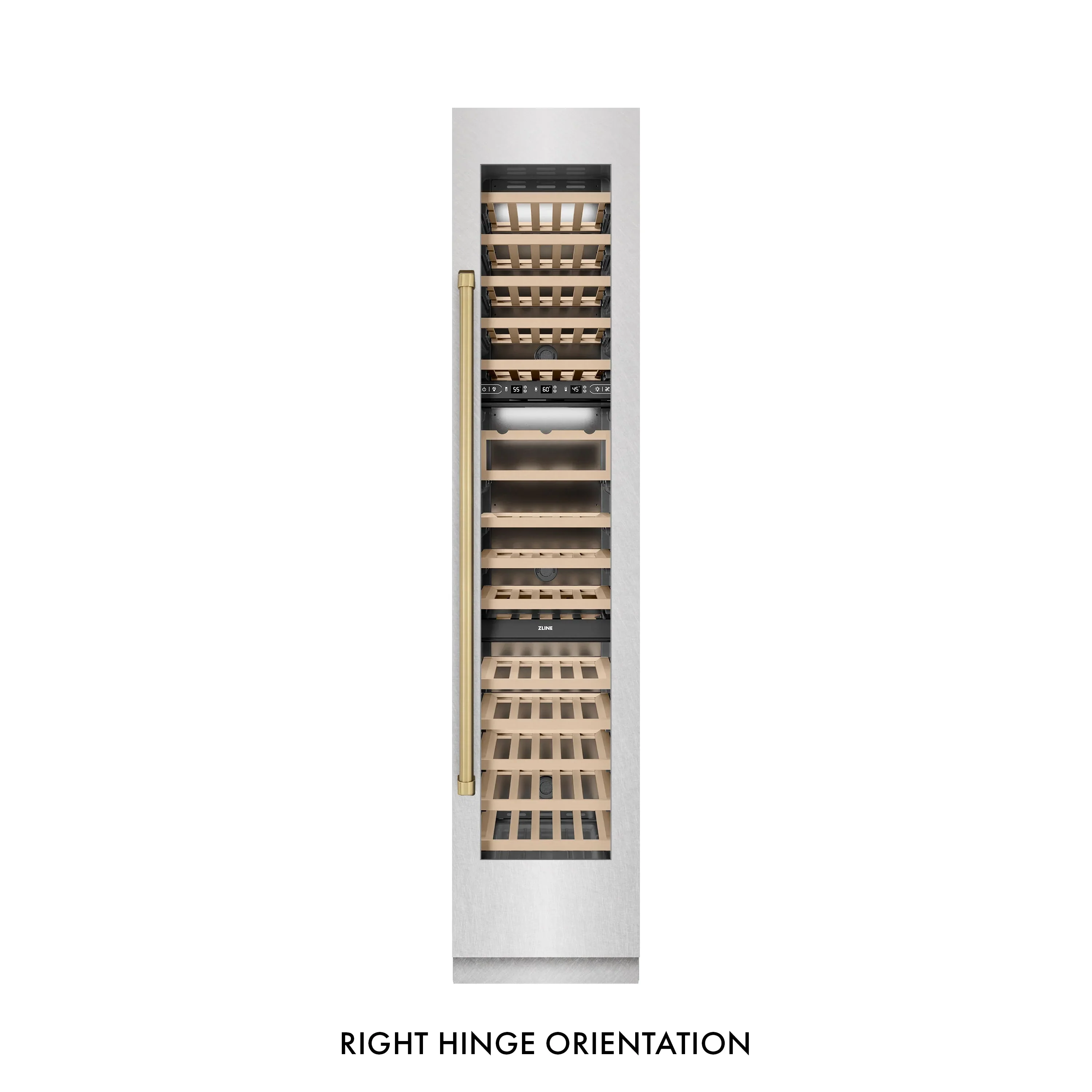 ZLINE Autograph Edition 18-Inch 9.0 Cu. Ft. Triple Zone 68 Bottle Right Hinge Column Wine Cooler in Satin Stainless Steel with Champagne Bronze Accents (RCWVRZ-SN-18-CB) - Image 5