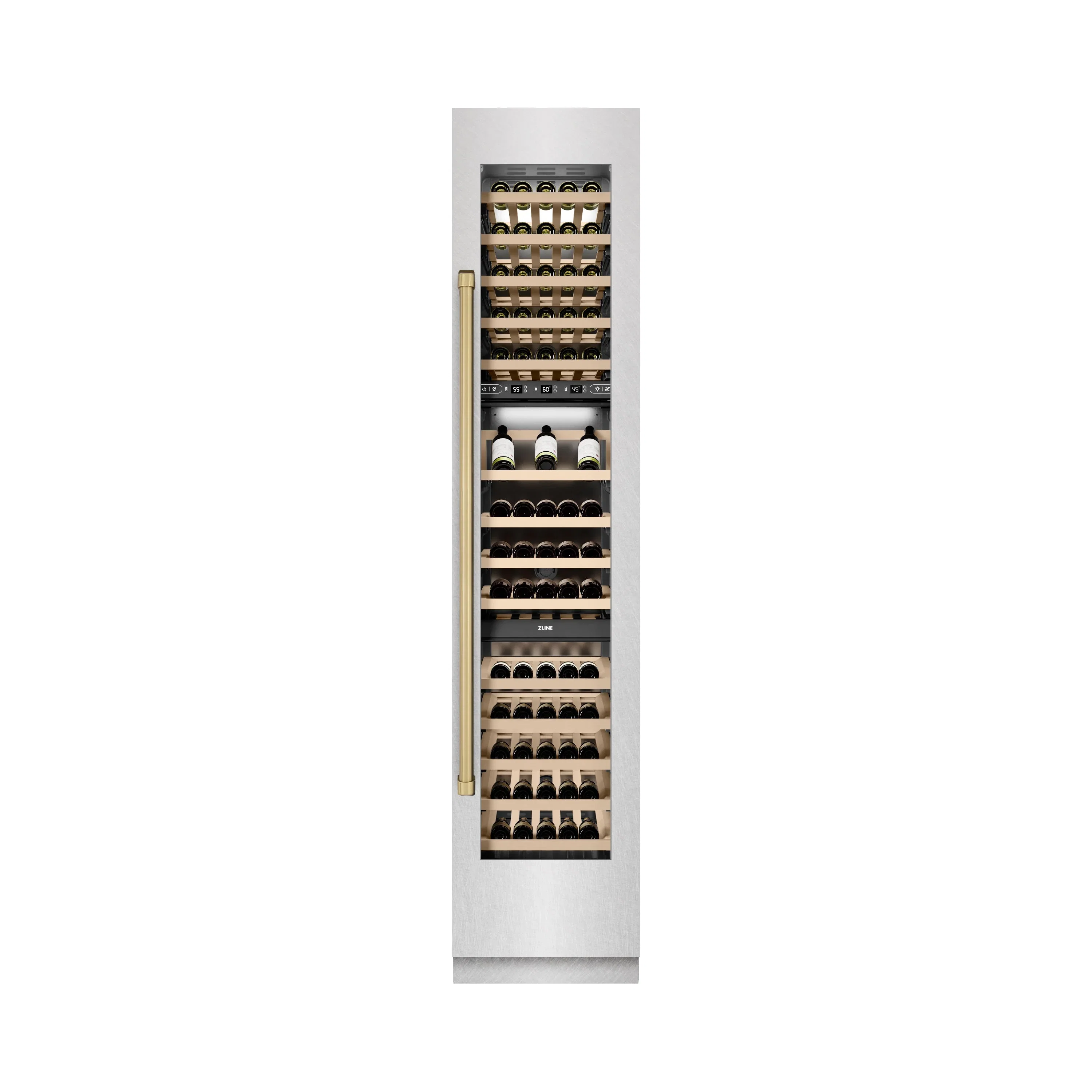 ZLINE Autograph Edition 18-Inch 9.0 Cu. Ft. Triple Zone 68 Bottle Right Hinge Column Wine Cooler in Satin Stainless Steel with Champagne Bronze Accents (RCWVRZ-SN-18-CB) - Image 6