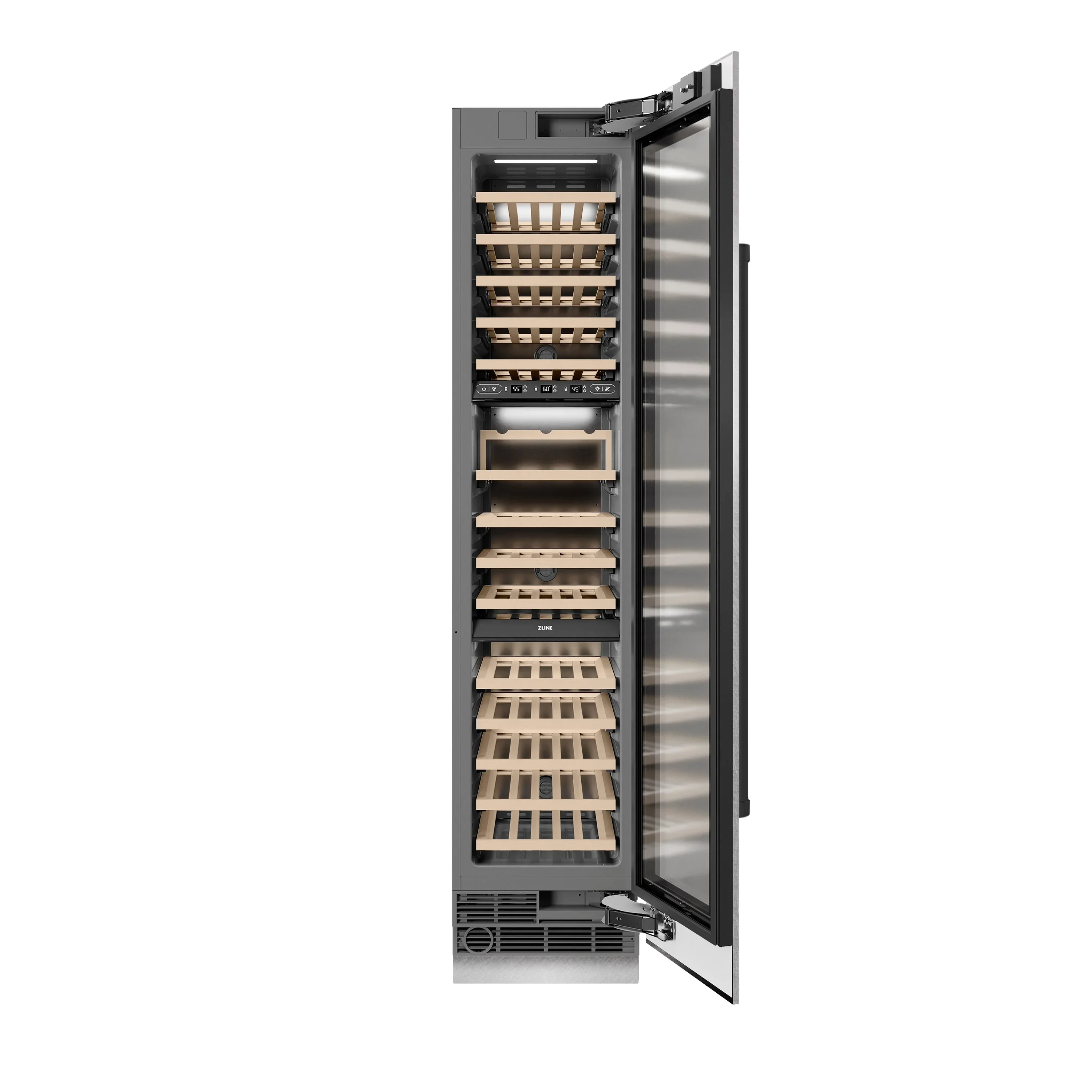 ZLINE Autograph Edition 18-Inch 9.0 Cu. Ft. Triple Zone 68 Bottle Right Hinge Column Wine Cooler in Satin Stainless Steel with Matte Black Accents (RCWVRZ-SN-18-MB) - Image 3